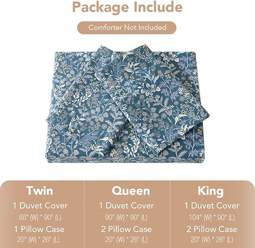 Miniatura 5 de Lekesky Juego de funda de edredón de algodón tamaño Queen  100% algodón lavado con patrón floral azul para todas las estaciones, juego de cama suave