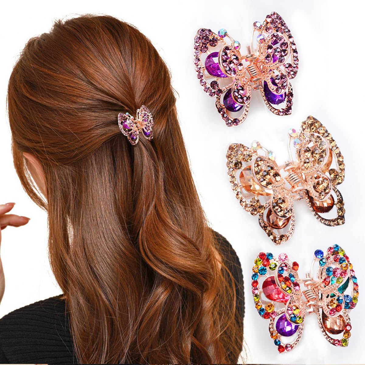 3Pcs Fashion Hair Claw Clips Rhinestone Crystal Butterfly Bangs Jaw Clip Bow Hair Gripper for Girls Women 1.38x1.10 inch