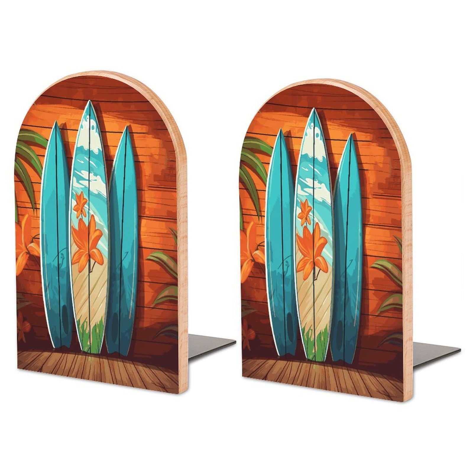 Large Surfboard on Wooden Book End with Metal Base Fashion Heavy Duty Bookend Exquisite Wooden Bookends Non-Skid Book Stopper for Shelves Books Organizer for Office Home 1 Pair