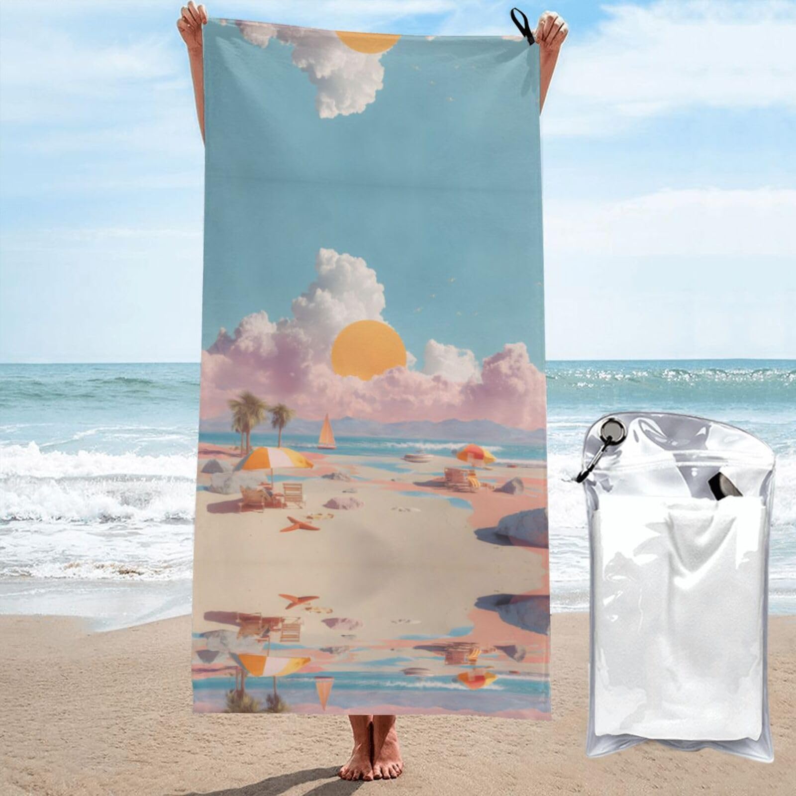 ESNAIUVCD Summer Beach Print Beach Towel, Microfibre Sauna Towel, Quick-Drying Fitness Towel, Lightweight And Thin Portable Sauna Towel