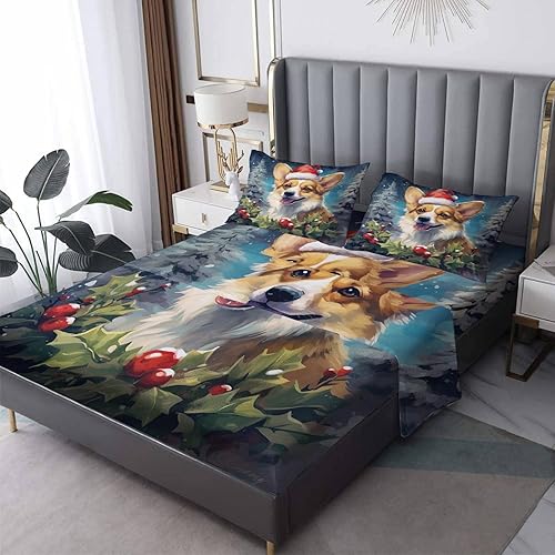 Juego de sábanas de tamaño King  Sábanas de Navidad Corgi, sábanas y fundas de almohada para niños, microfibra suave, bolsillo profundo y sin