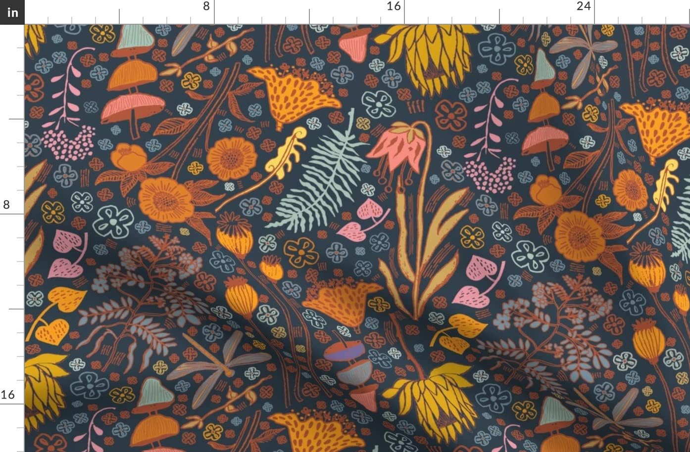 Spoonflower Fabric - Midnight Victorian Orange Pink Flowers Dragonfly Mushrooms Field Printed on Organic Cotton Sateen Fabric by The Yard - Sewing Quilting Apparel Home Decor