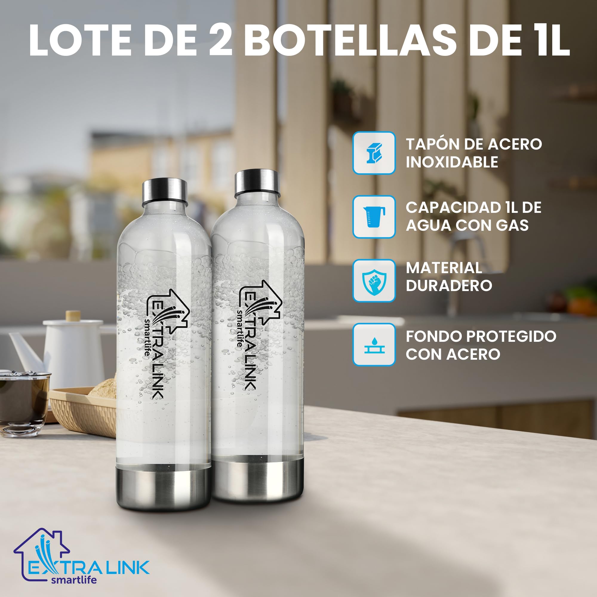 Extralink Máquina para hacer agua con gas Smart Life con botella 1L PET, tamaño compacto, carbonatación de ligera a alta, maquina agua con gas, práctica y elegante, compatible con las botellas de CO2