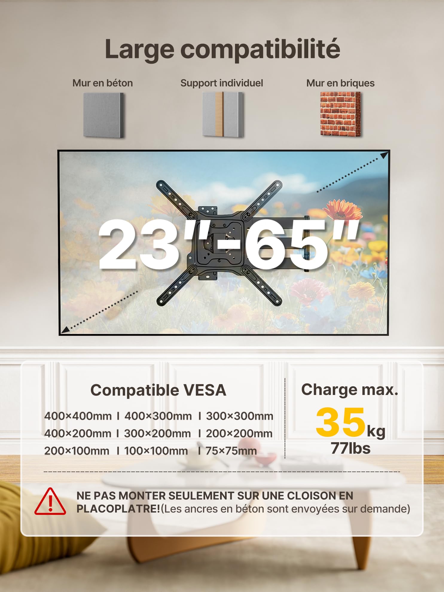 monTEK Support Mural TV à Extra Longue Portée 728mm, pour écrans 23"-65" | Fixation Murale TV jusqu'à 35kg, Orientable et Inclinable, Support TV d'angle, Extension Longue Distance, Max VESA 400x400 mm