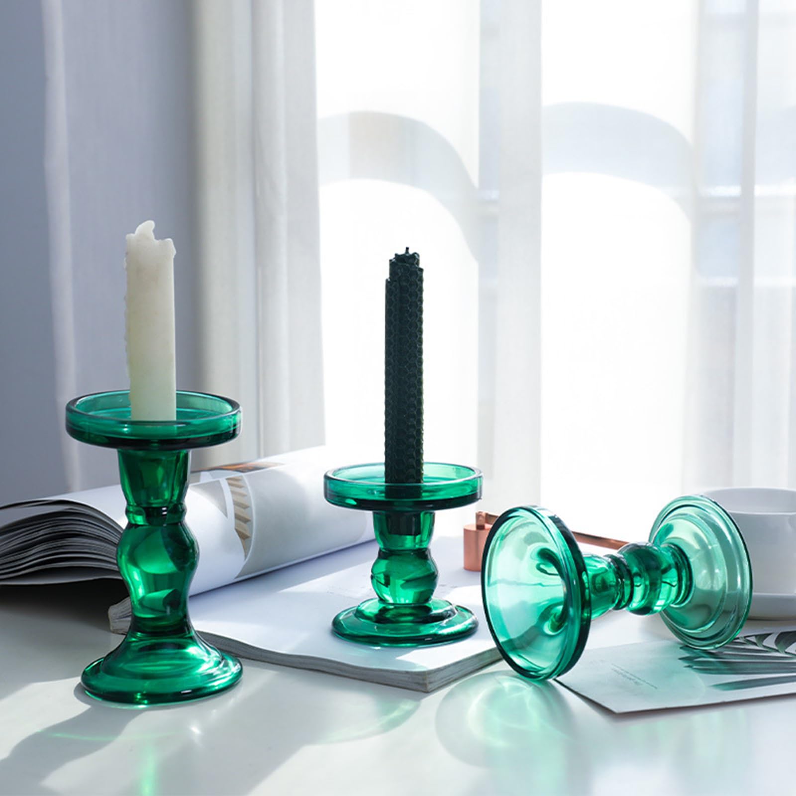 Dekoratives Glas Kerzenhalter Set, 3-teilig, römische Säulen Designs, Kerzenständer für abendliche Tischdekorationen, Glas Kerzenhalter