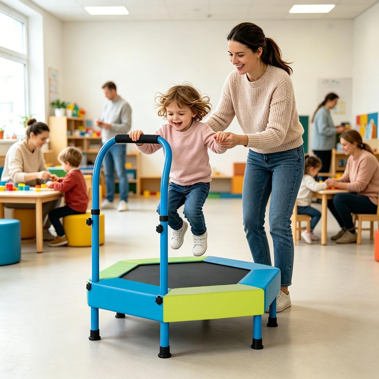 Mini trampolino per bambini - Trampolino per bambini pieghevole con attrezz | Trampolino elastico per bambini con maniglia regolabile per aula, asilo , casa, palestra, giochi, prato, cortile