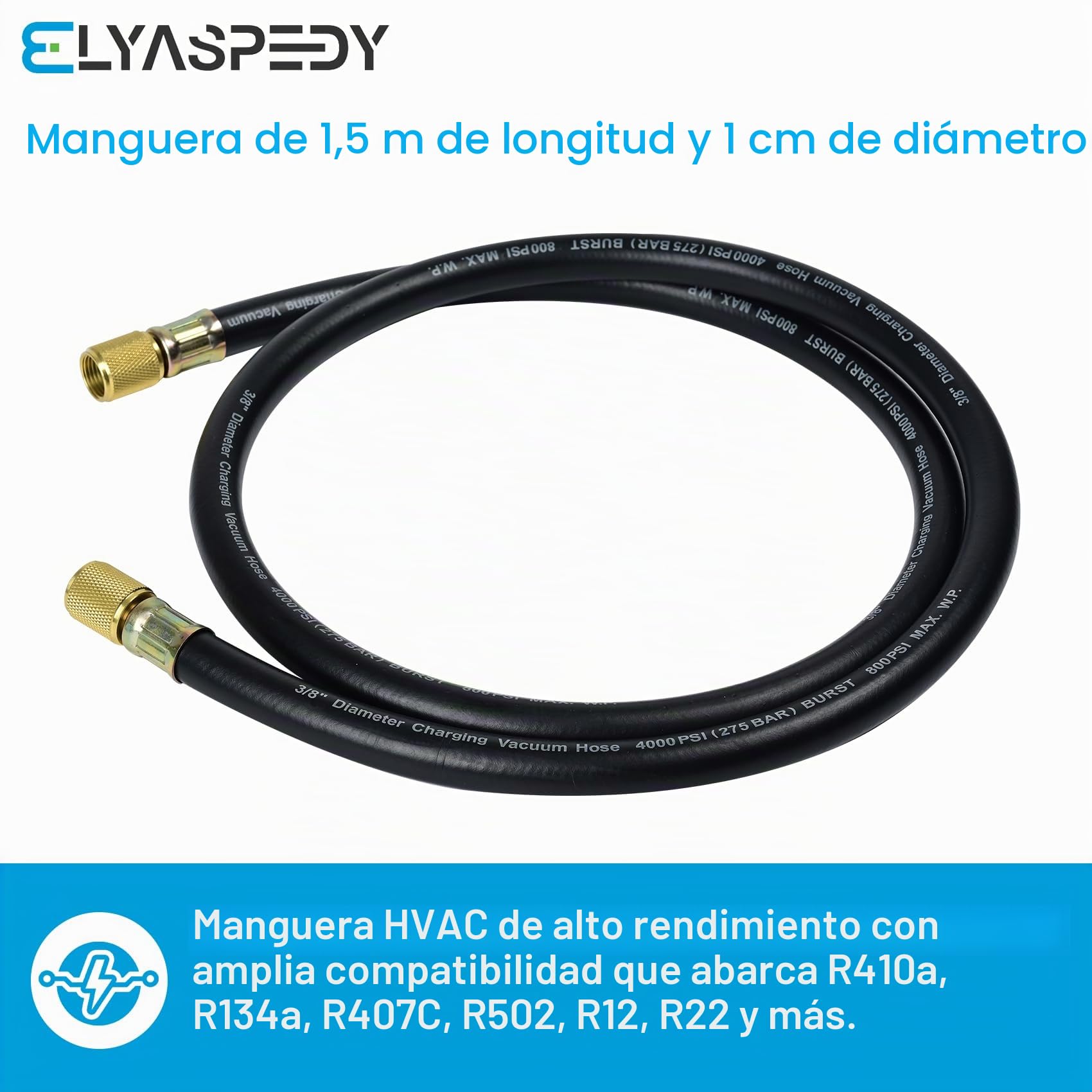 HV1 - Manguera de vacío de 1 cm, 5 pies, accesorios: 1 cm x 1 cm | Presión de ráfaga: 4000 (Psi), compatible con la mayoría de equipos de refrigeración y aire acondicionado, color negro