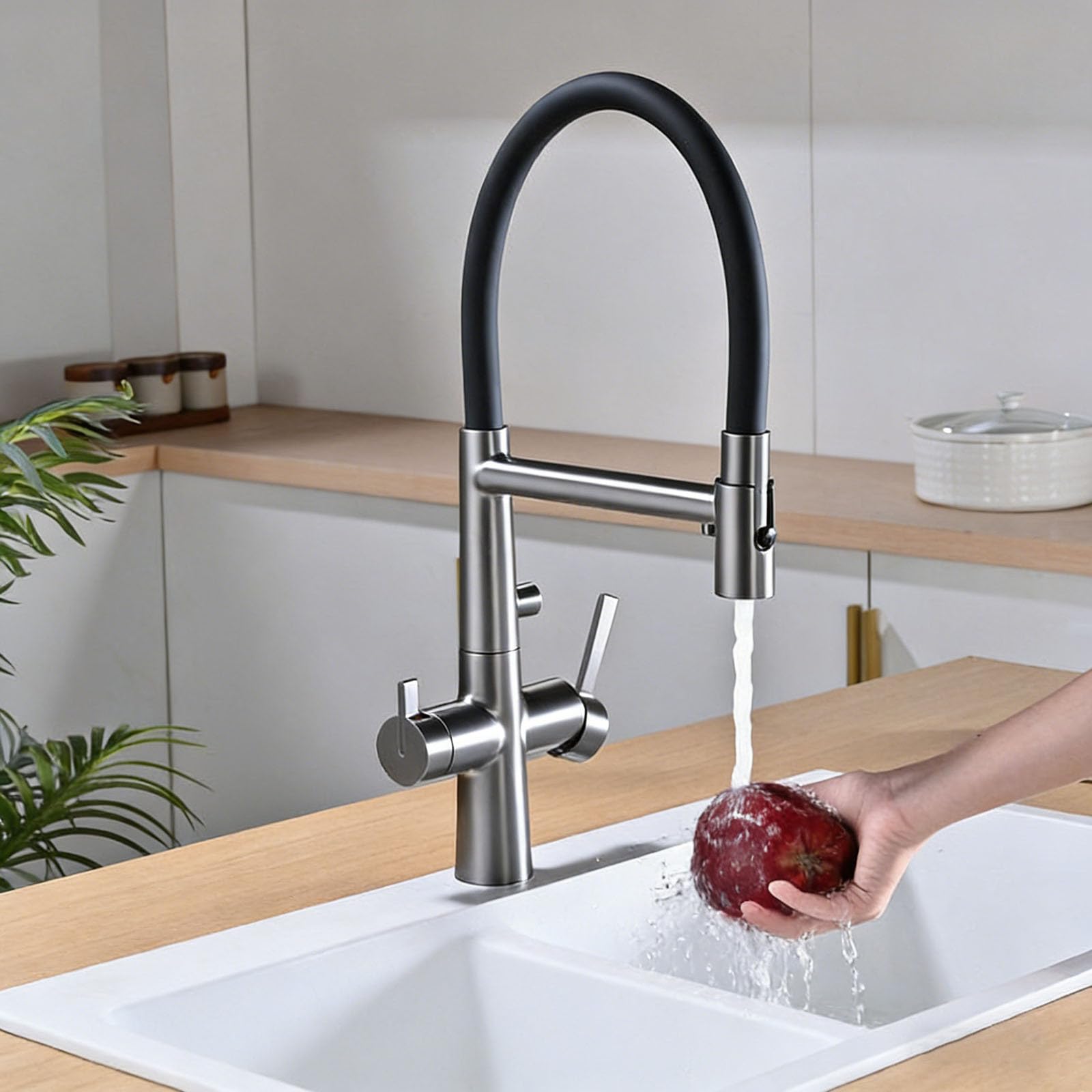 Grifo Cocina Flexible con Osmosis 4 Modos Rotación 360° Grifo Fregadero Extensible Cobre,gris Pistola