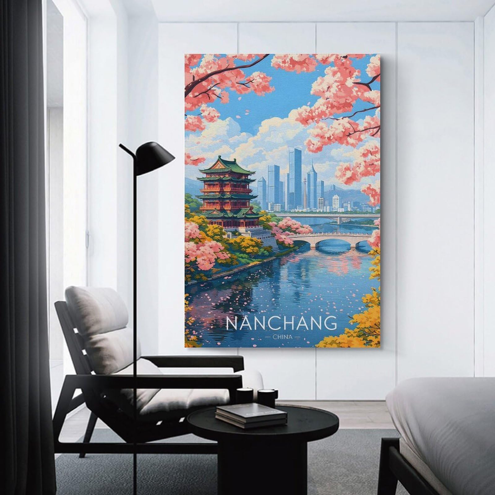 Junmoney Unframe-Style-5-1 Nanchang Cityscape With Cherry Blossoms Wall Picture Print, 20X30inch(50X75cm), For Wall Displays, Bedrooms Or Room Updates, Decorative Artwork With Flexible Styling