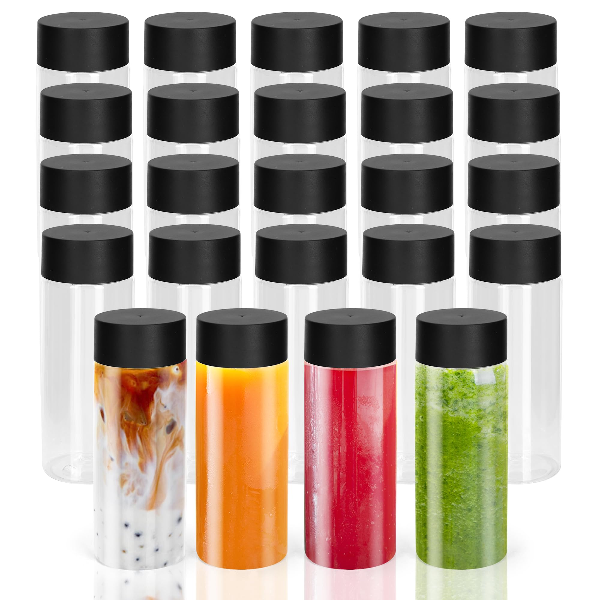 GSHYMXT 24 Pcs Clear Plastic Bottles Empty Sensory Bottles with Caps,12 Oz/ 350 ml PET Plastic Juice Reusable Leakproof Drink Container Bulk for Juice Milk (Black Lid)