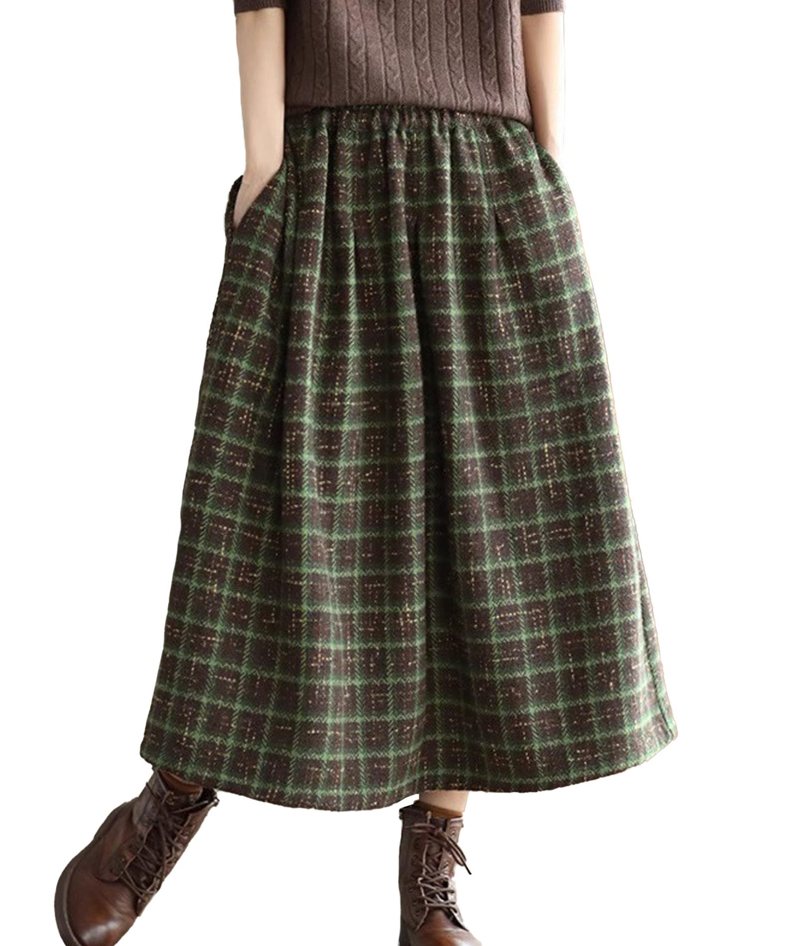 SOMTHRON Womens Vintage Plaid Wool Skirt Elastic Waist A Line Pleated Tartan Midi Swing Long Skirts with Pockets