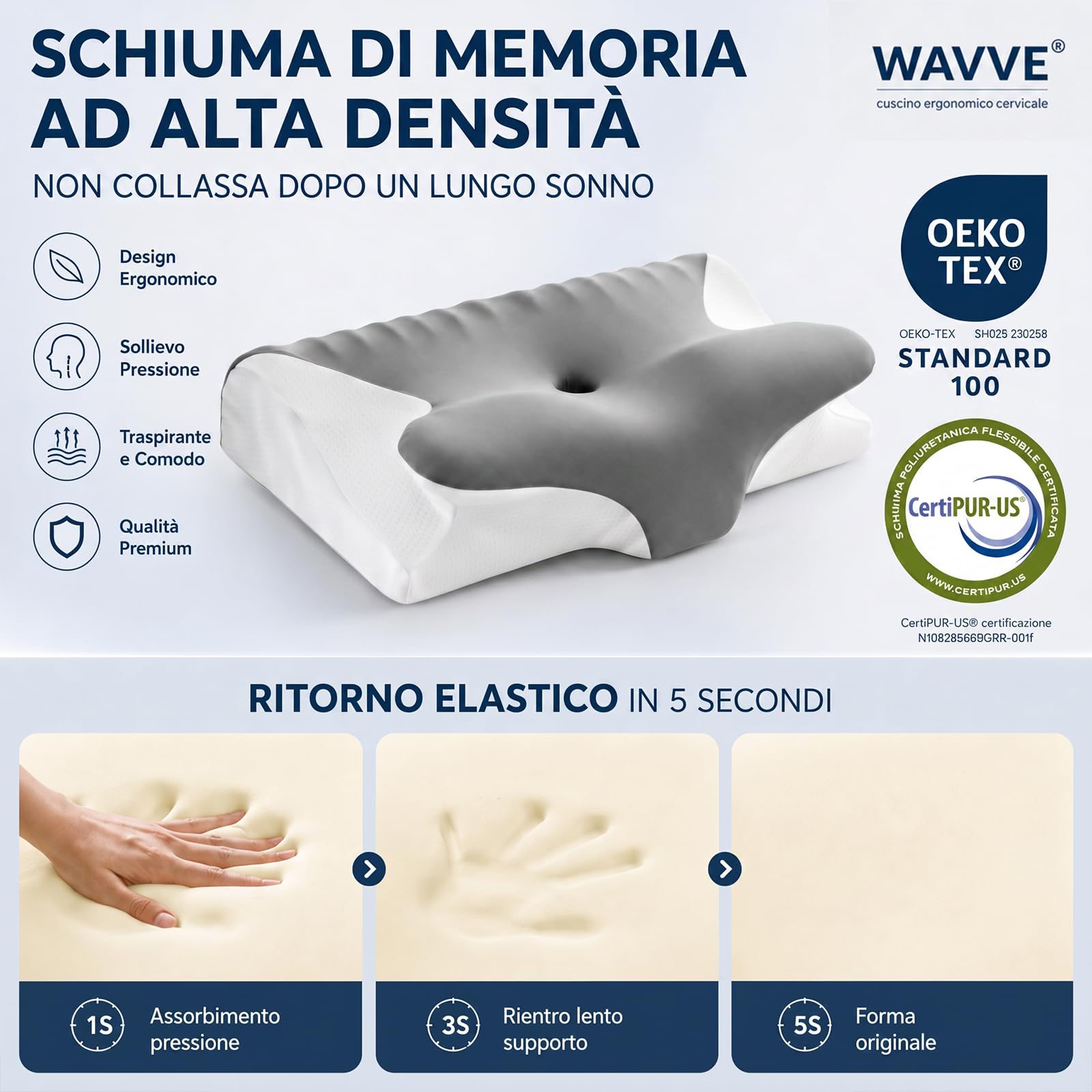 WAVVE Cuscino Cervicale Ergonomico e Ortopedico per Cervicale e Collo | Design a Farfalla in Memory Foam, Doppia Altezza Regolabile 11/13 cm per Dormire su Schiena e Fianco