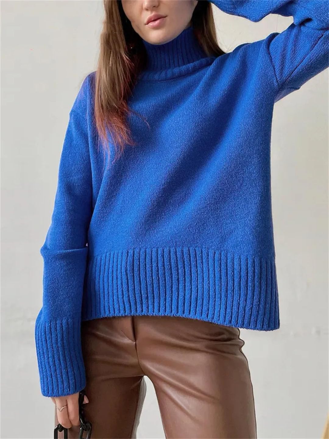 Maglione da donna a collo alto, a maniche lunghe, lavorato a maglia, tinta unita