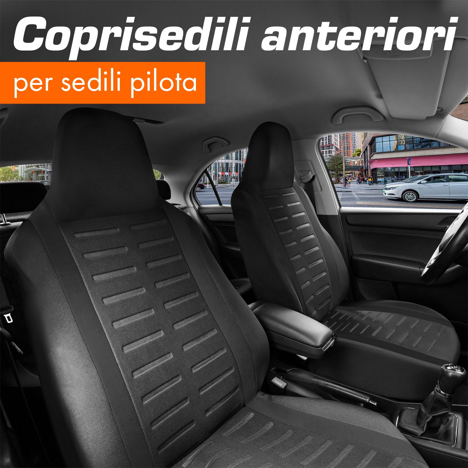 Upgrade4cars Coprisedili Auto Anteriori con Poggiatesta Integrato Nero | Set Copri-sedile Universale per Guidatore e Passeggero Poggia-testa non Rimovibili/Fissi