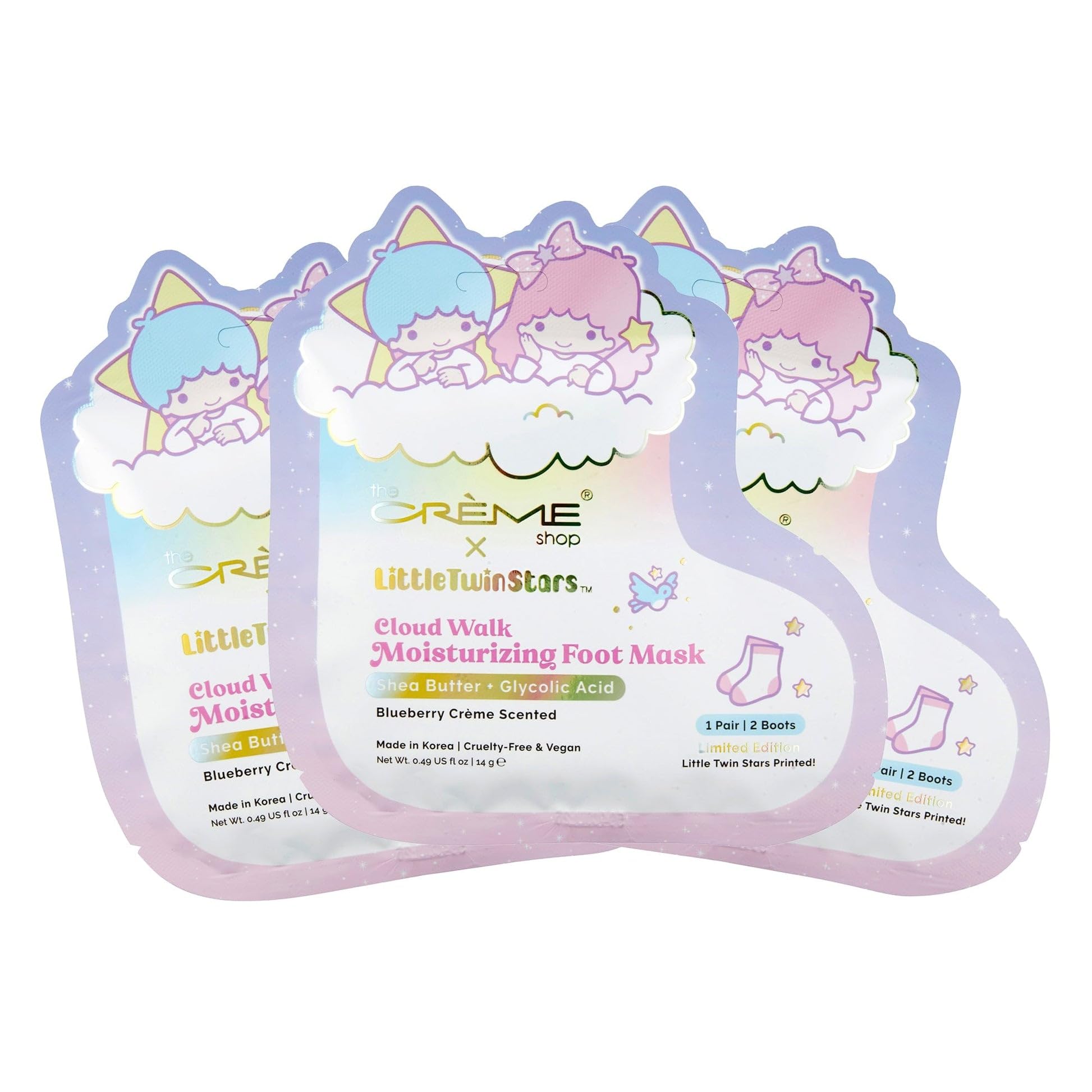 The Crème Shop Little Twin Stars Cloud Walk Foot Masks with Shea Butter Glycolic Acid for Silky Smooth Feet Blueberry Crème Scent Helps Deodorize Soften Skin
