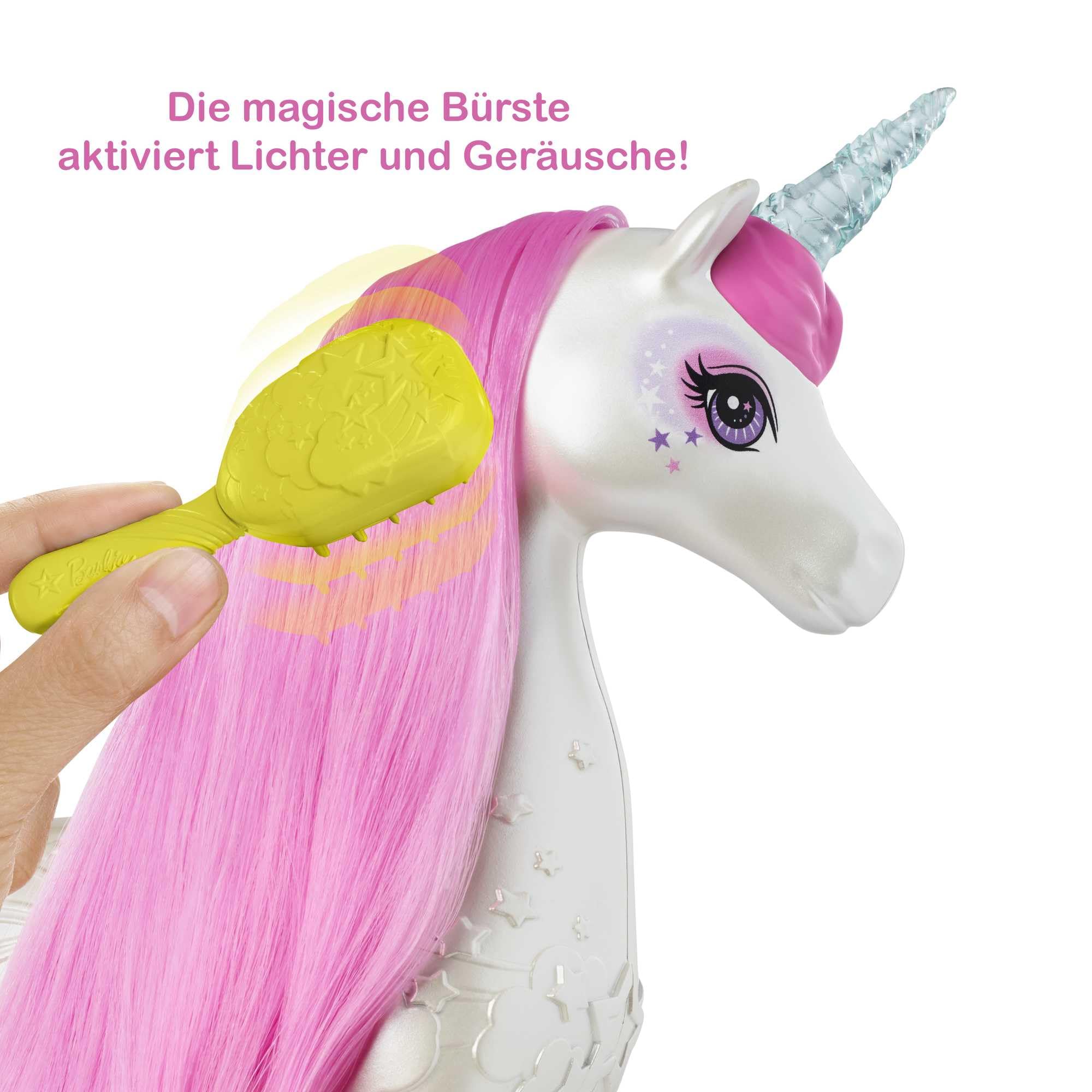Barbie Einhorn, Dreamtopia Brush 'N Sparkle Unicorn, Barbie Zubehör mit magischer Bürste für 4 Licht-und Soundeffekte, Batterien nicht enthalten, Spielzeug ab 3 Jahre, GFH60