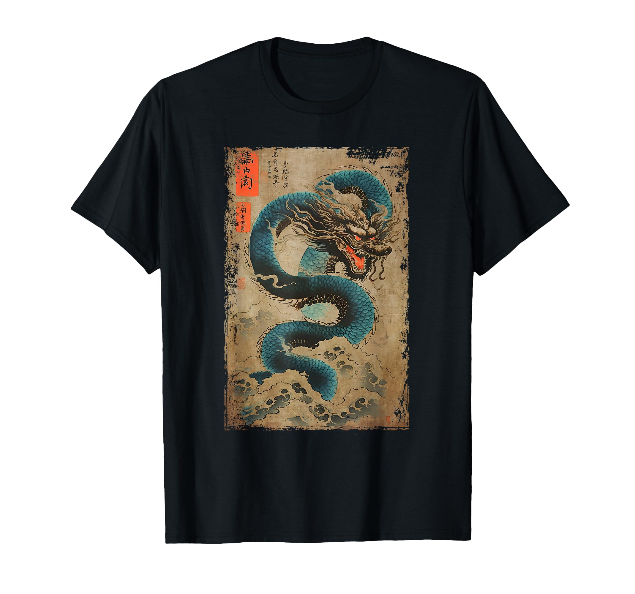 Japanese Dragon and The Great Wave off Kanagawa Woodblock T-Shirt