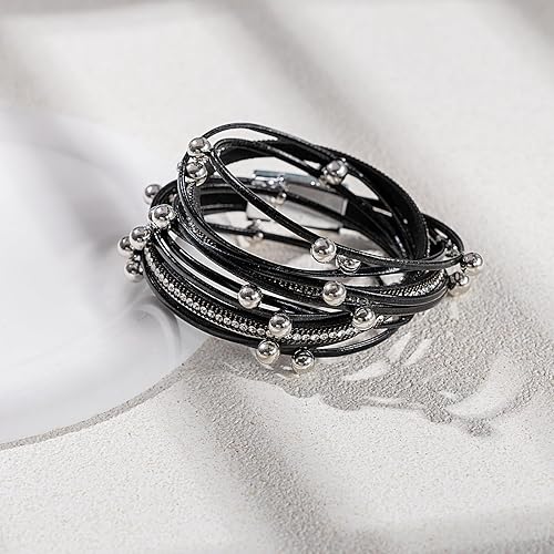 Miniatura 5 de FANCY SHINY Pulsera de cuero con cuentas bohemias, pulseras góticas apilables con cierre magnético