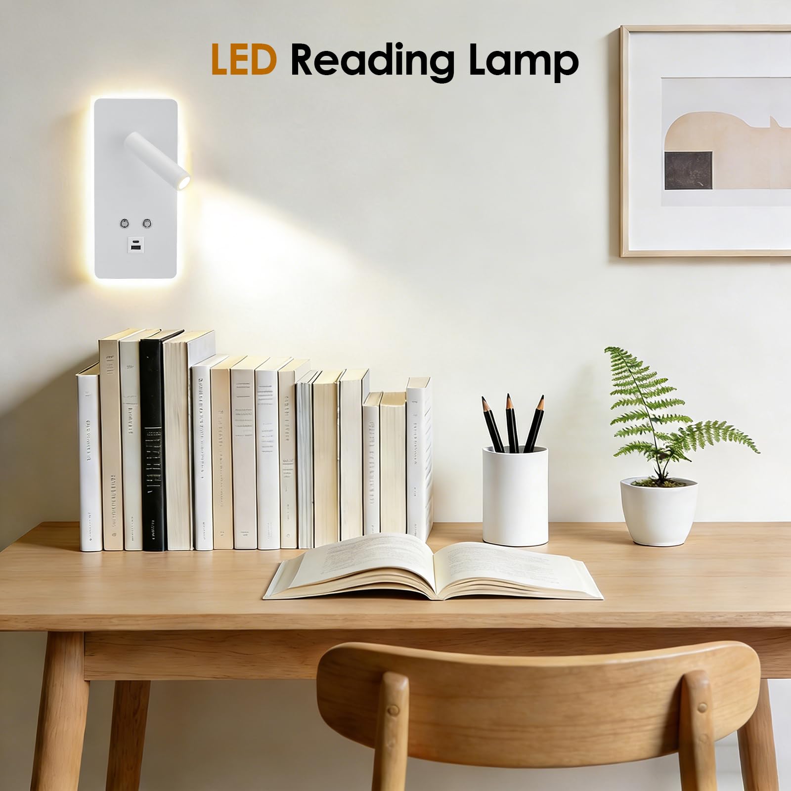 2Pcs Luz de Pared LED Con Interruptor, Puerto de Carga USB, 3000K Luz de Lectura Junto Cama, Iluminación Ambiental de Dormitorio, Interior Iluminación de Pared, Aplique de Pared Cabecera Ajustable(D)