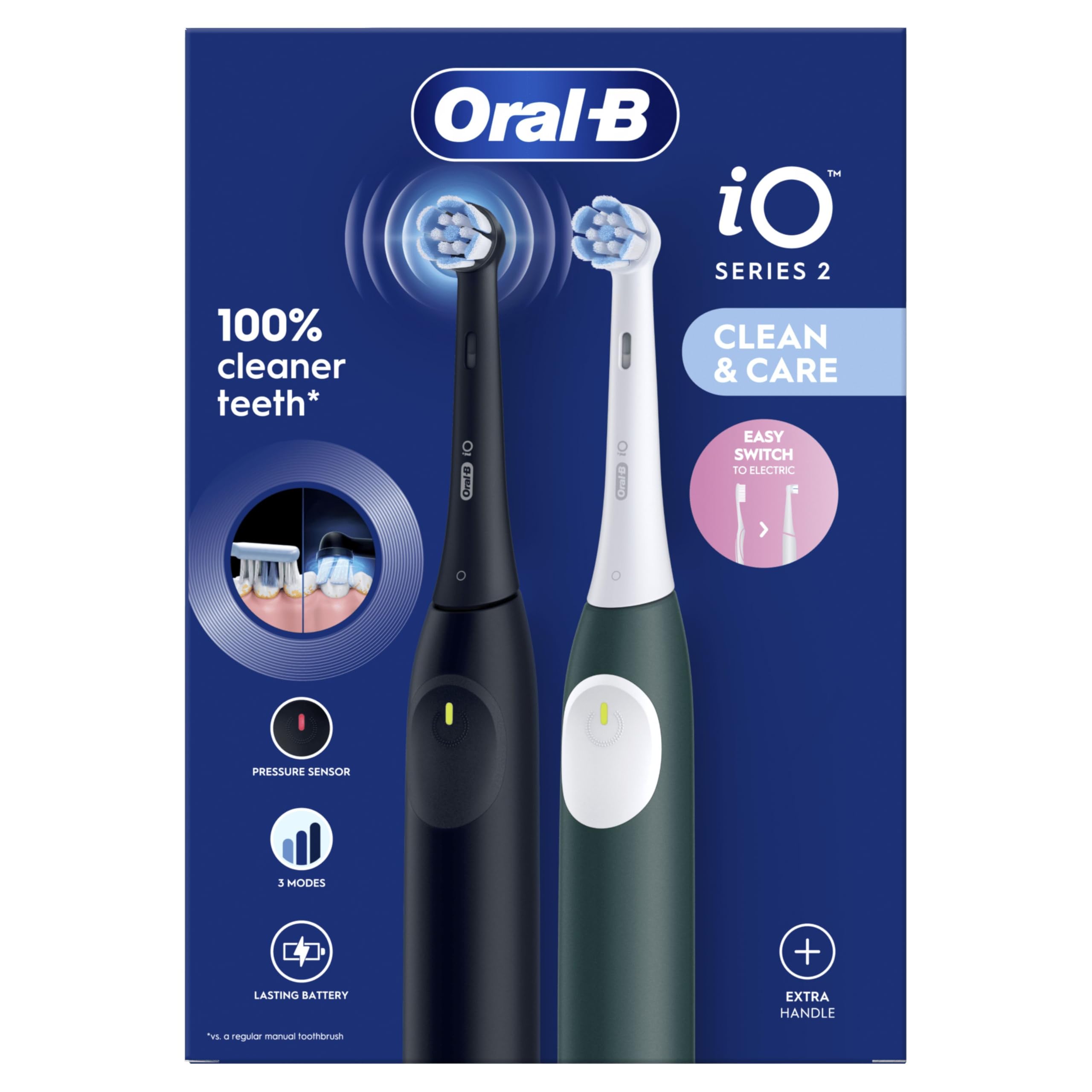 Oral-B iO 2 Spazzolino Elettrico Oral B, Nero e Verde, 1 Testina Di Ricambio, 2 Spazzolini, Delicato sulle Gengive, Efficace sulla placca, Sensore di Pressione