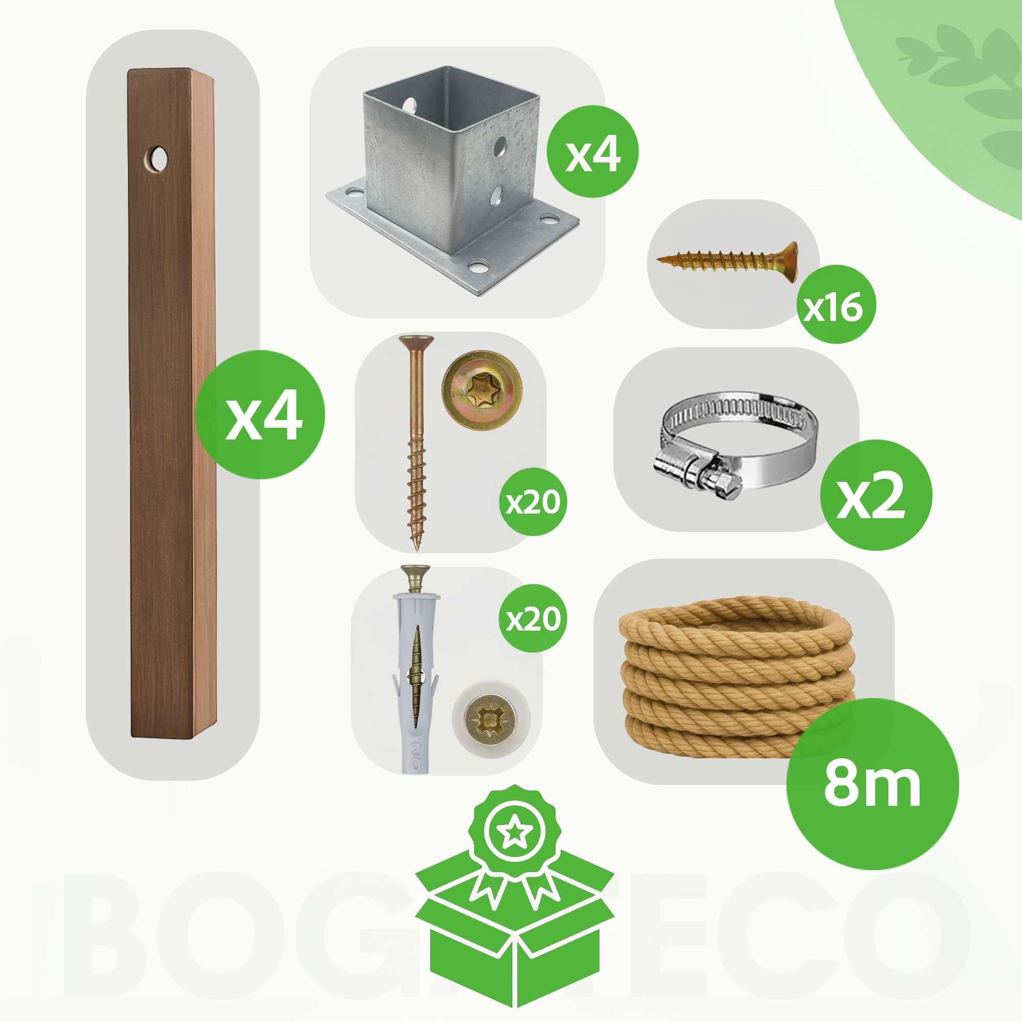 BOGATECO Valla de madera con cuerda de yute, valla de vela de 6 m, 13 longitudes diferentes, kit de montaje incluido, casquillo de suelo con placa de tacos