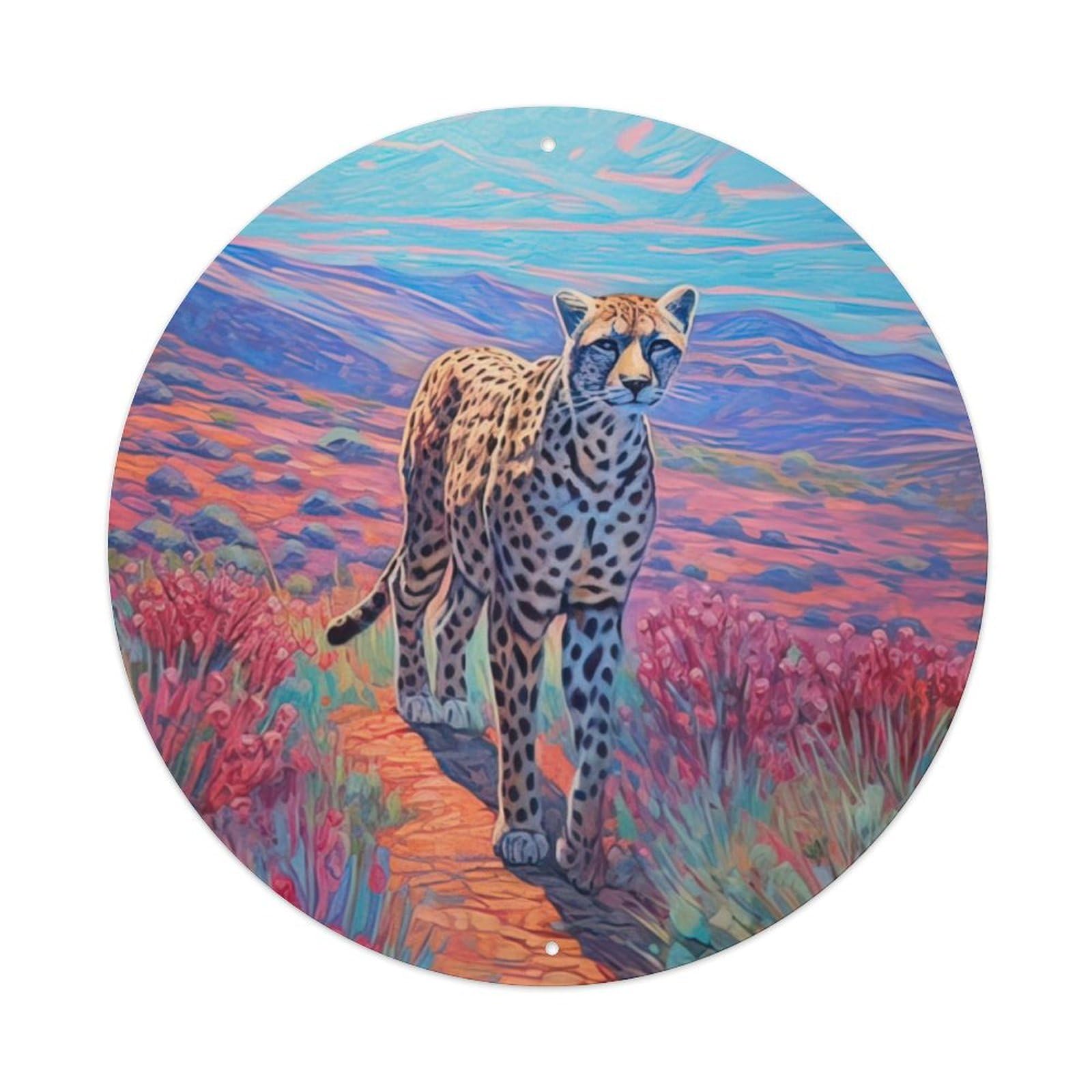 Animal Art Leopard in Flowers Vintage Metal Tin Sign Plaque Wall Decor for Cafe, Club, Garden Round Metal Poster 8x8Inch