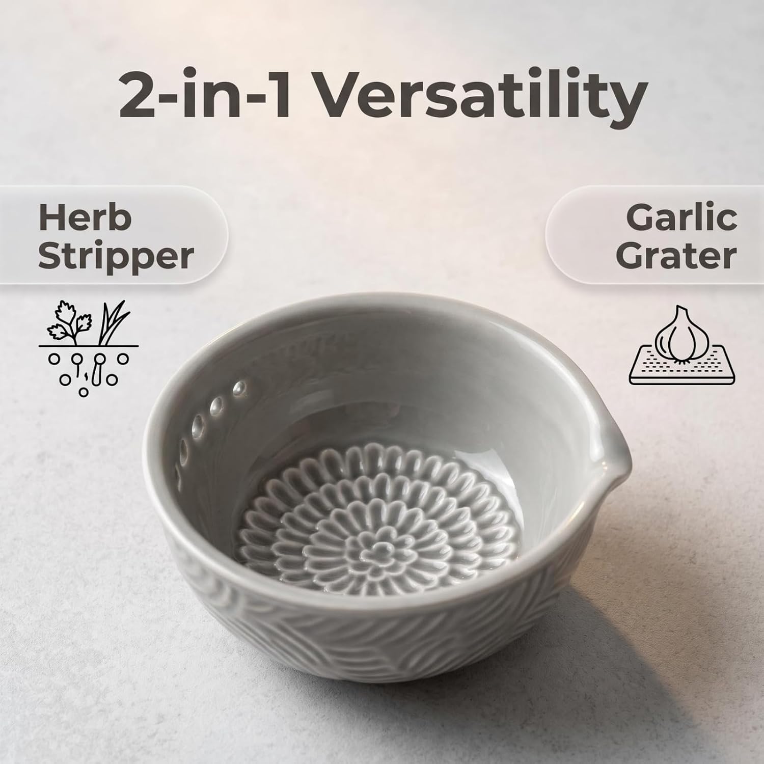 Ceramic Ginger Grater Bowl with Herb Stripper- Efficient Kitchen Tool