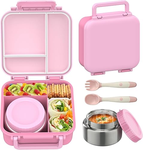 Miniatura 12 de Lonchera Bento para niños con termo de 9 onzas, recipientes de almuerzo a prueba de fugas con 3 compartimentos, tamaño apto para niños, lonchera