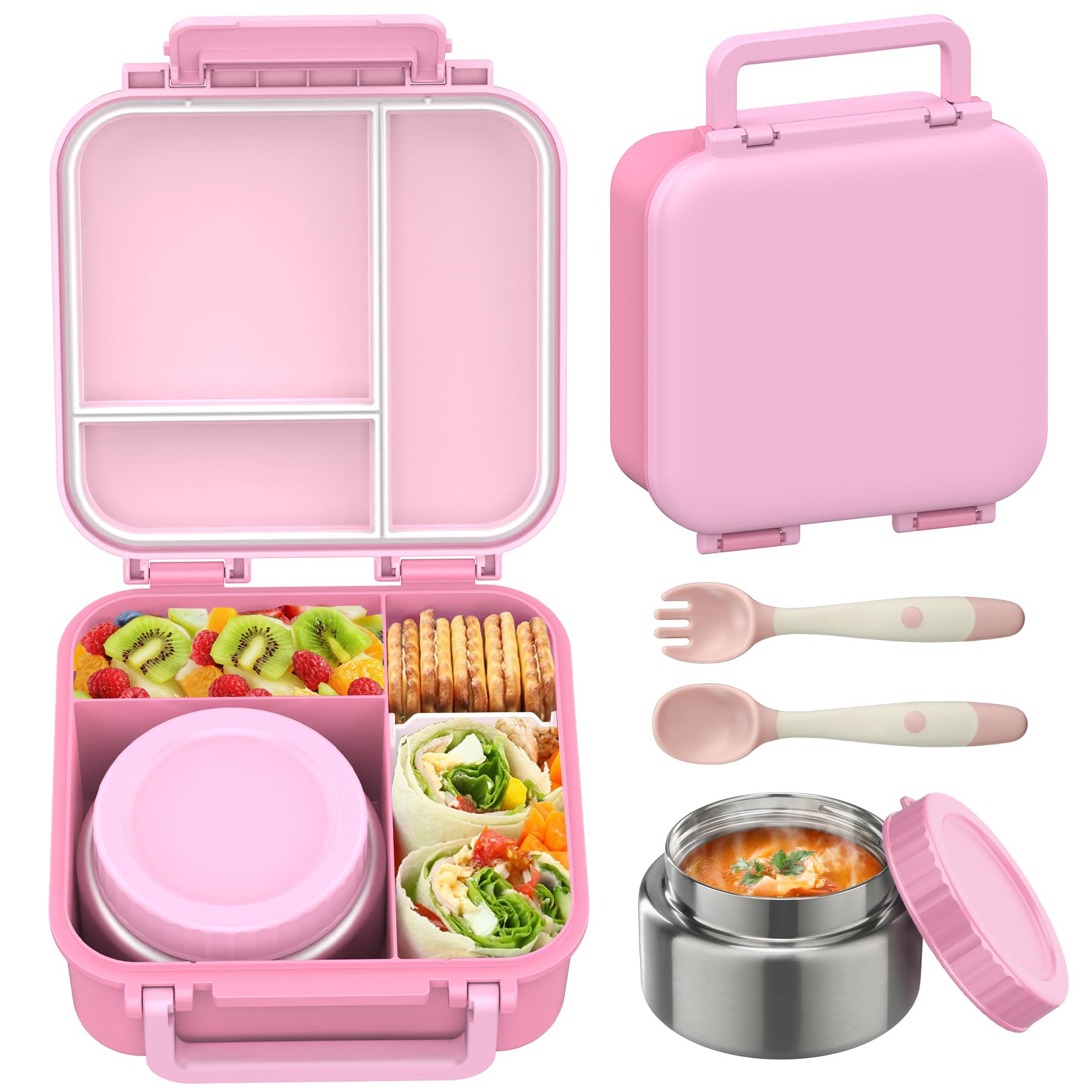 Bento Lunch Box for Kids with 9oz Thermo, Leak-proof Lunch Containers with 3 Compartments,Kids-friendly Size,Durable/Dishwasher Safe Lunch Box for School Outdoors-Pink