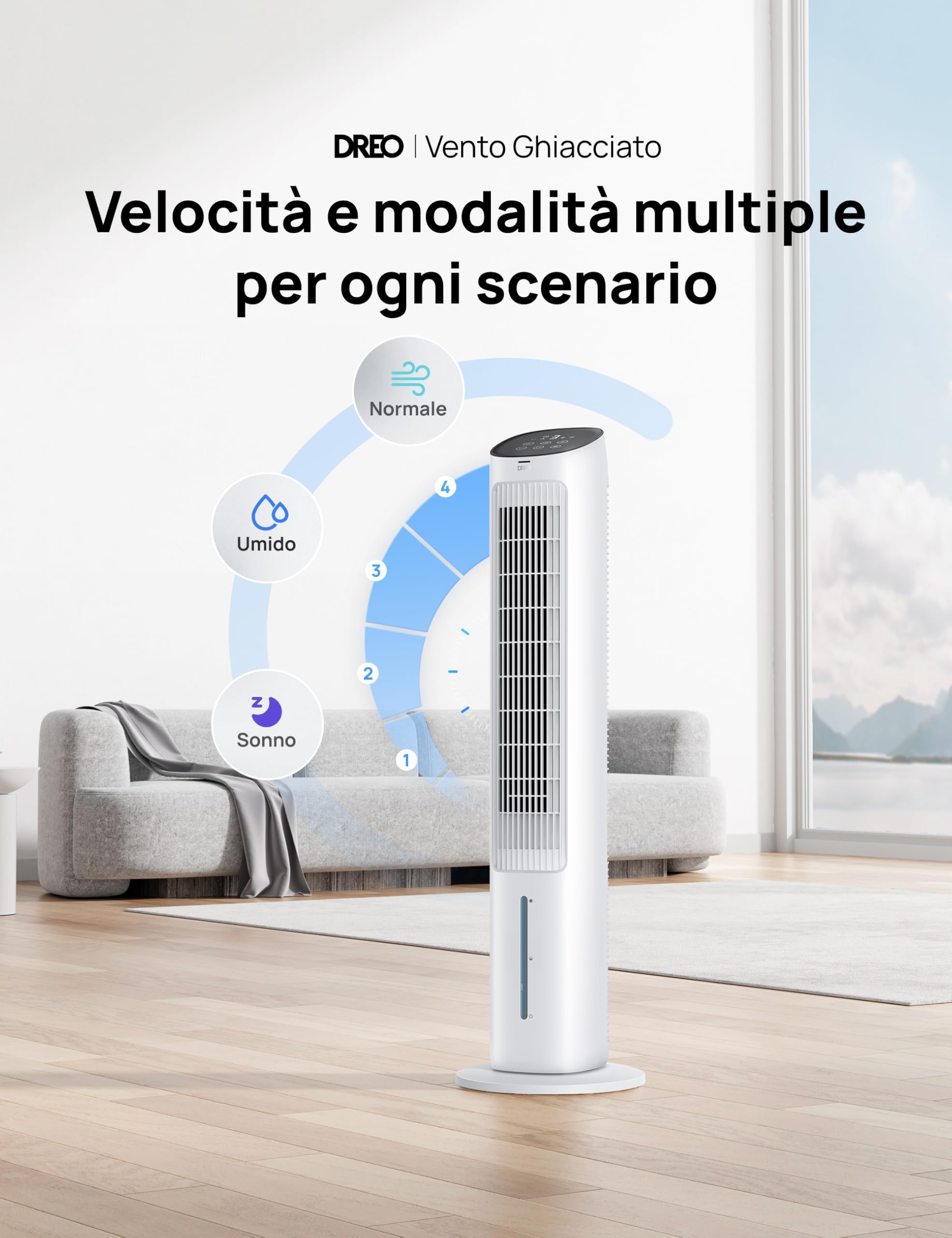 DREO Ventilatore a Torre con Raffrescamento, ventilatore silenzioso con raffreddamento ad acqua, raffrescatore evaporativo 40 pollici, oscillazione 80°, 3 modalità, 4 velocità, telecomando