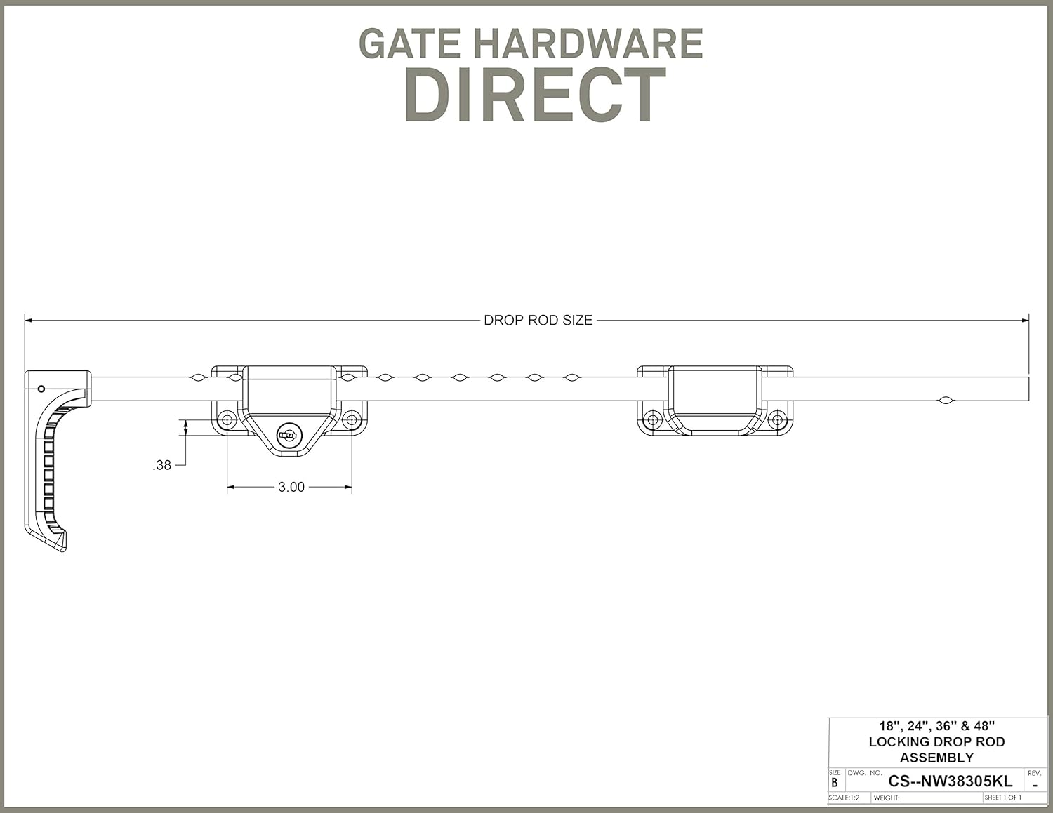 Black 24 Inch Key-Lockable Stainless Steel Drop Rod | Keyed Alike | NW38305KL-24SSB