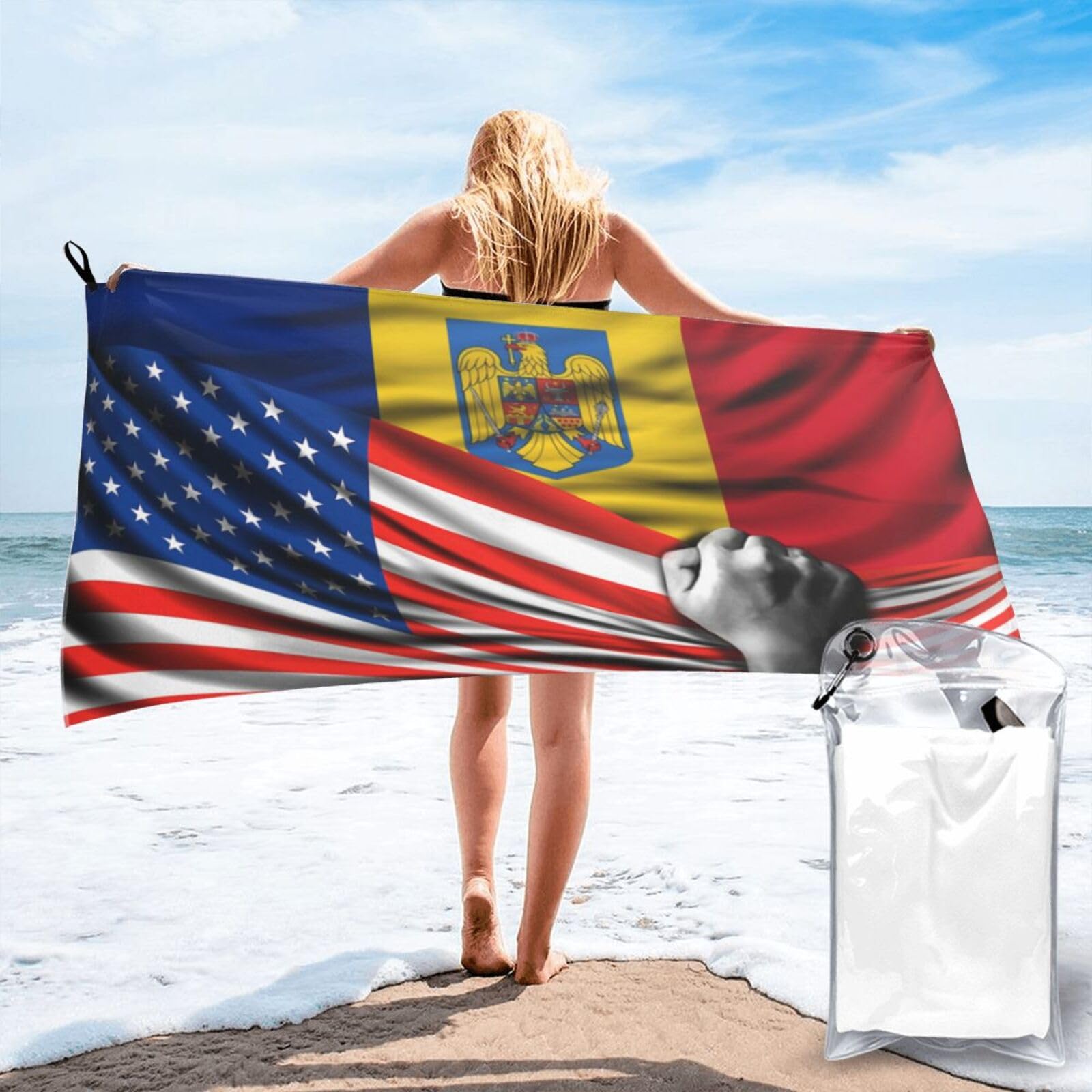 HACXZ Beach Towel America Flag and Romania Romanian Flag Microfiber Beach Towel Lightweight Absorbent 31.5"X63"