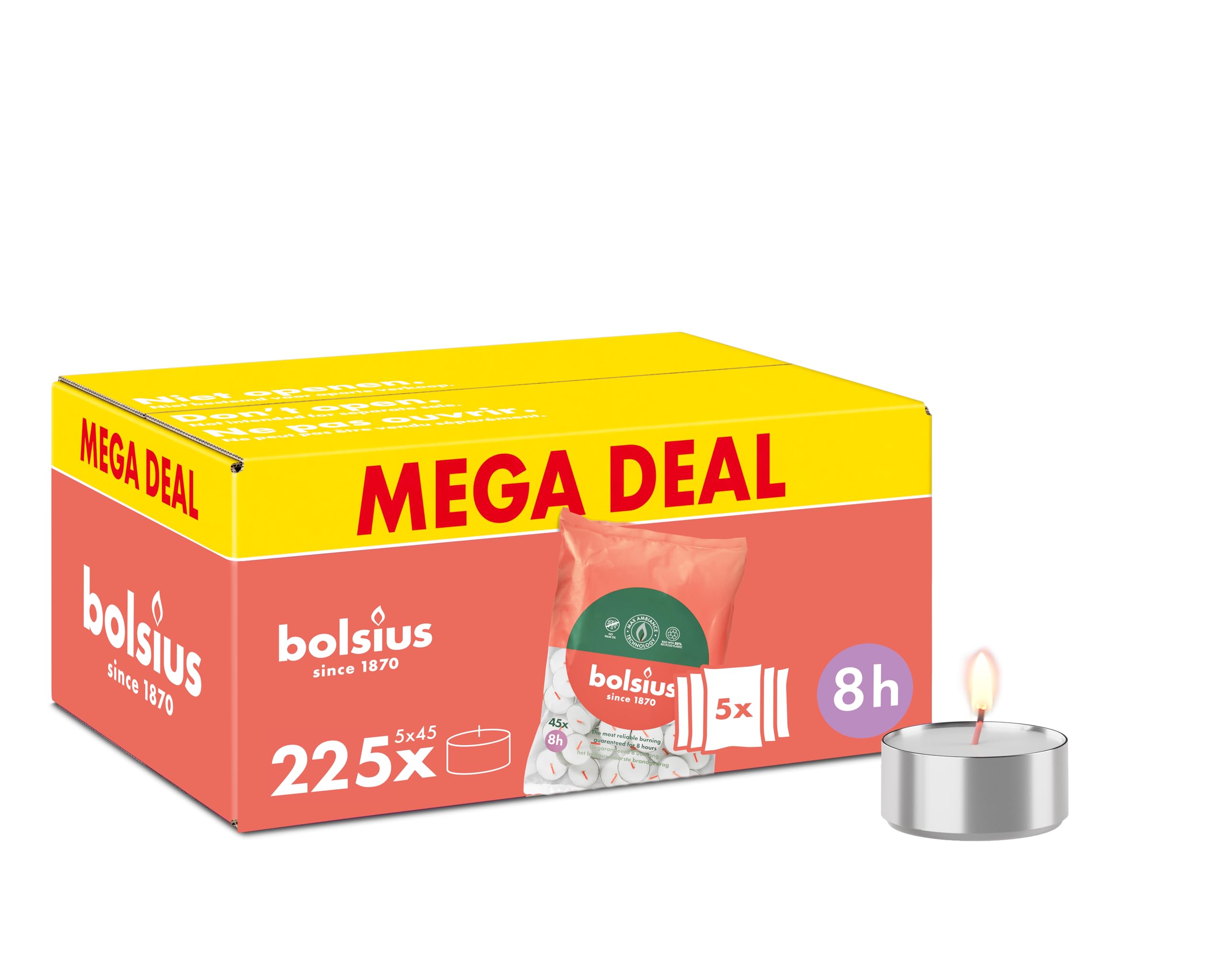 Bolsius - Paquete grande de velas de té - 225 unidades - 8 horas de combustión - Blanco - Contiene cera vegetal natural - Duración de combustión - Velas decorativas para el hogar - Sin aceite de palma