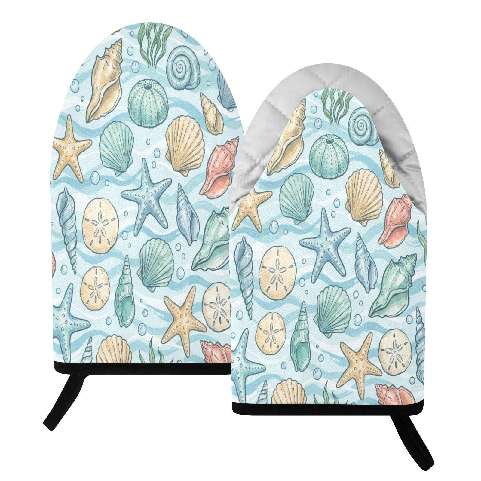 BURSTDDY Seashells Oven Mitt,Heat Resistant Kitchen Mitts for Cooking