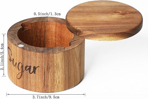 Miniatura 4 de Caja de especias de madera de acacia con cubierta giratoria para encimera de cocina, conservador de sal con cuchara integrada, moderno decorador de