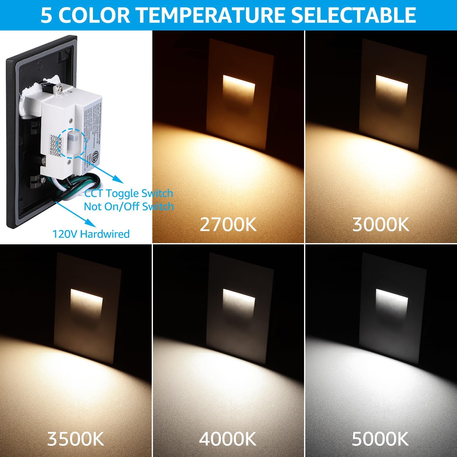 LEONLITE 5CCT 120V LED Step Lights, 3.5W 5%-100% Dimmable Stair Lights Indoor Outdoor Wet Location, CRI90, ETL, Aluminum, 150LM, Vertical, 2700K/3000K/3500K/4000K/5000K, Black, Pack of 3