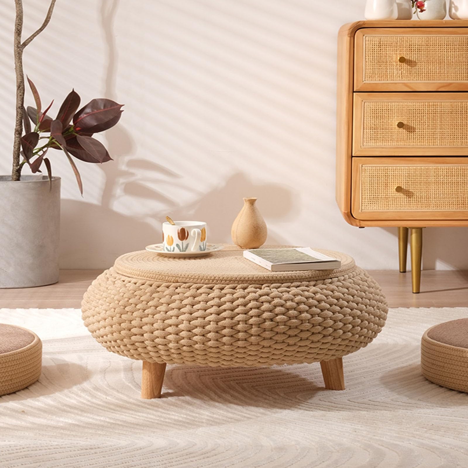 Tavolo da terra, Davanzale della finestra Tatami tavolino da caffè Semplice pavimento tavolo rotondo Tatami mobile tavolo basso Mobili soggiorno Tavolino basso da caffè(Cream,Grande)