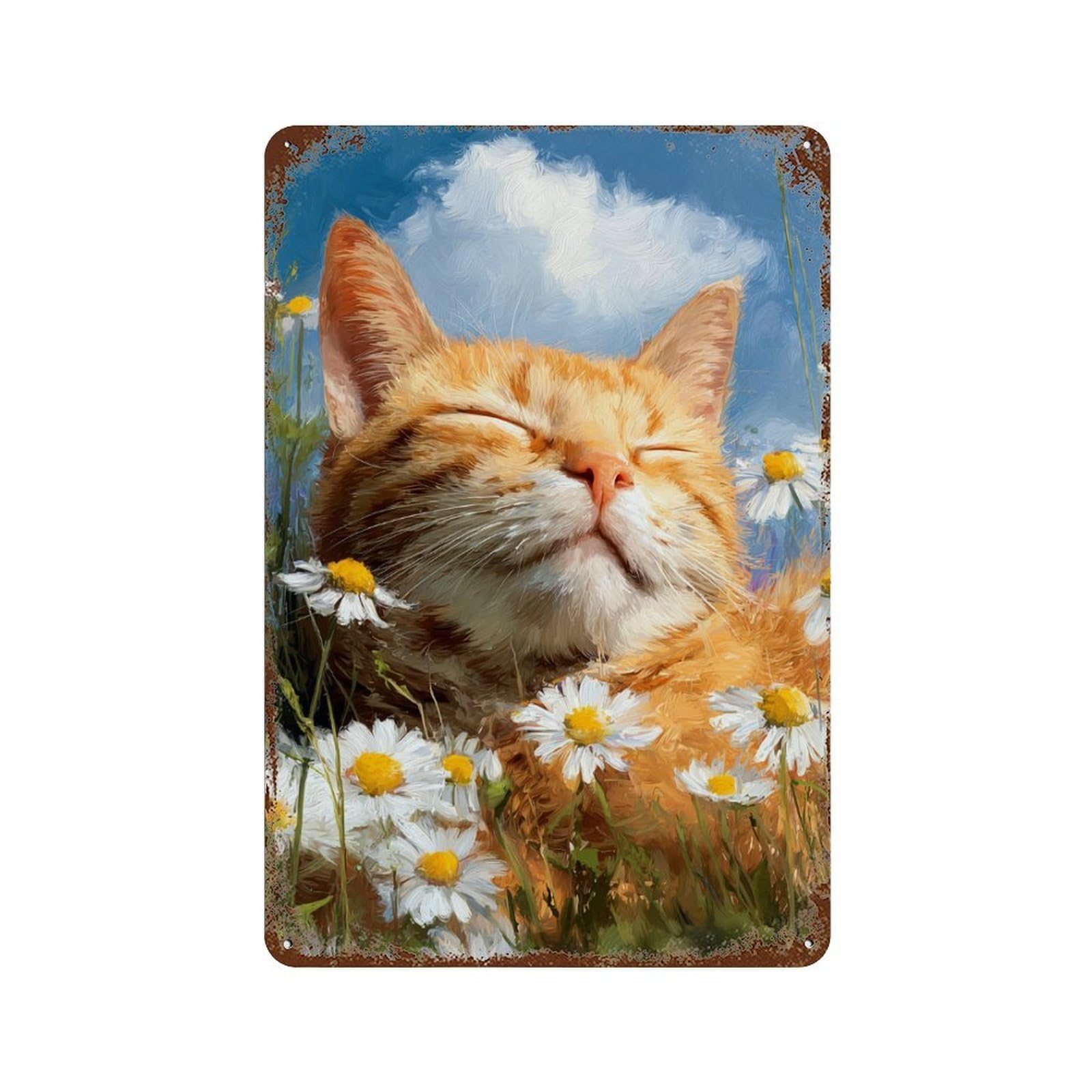 Cat in Daisy Field -4 11.8"x7.9" Distressed Metal Wall Sign, Shabby Chic Decor for Shed, Workshop And Garage Wall Decor