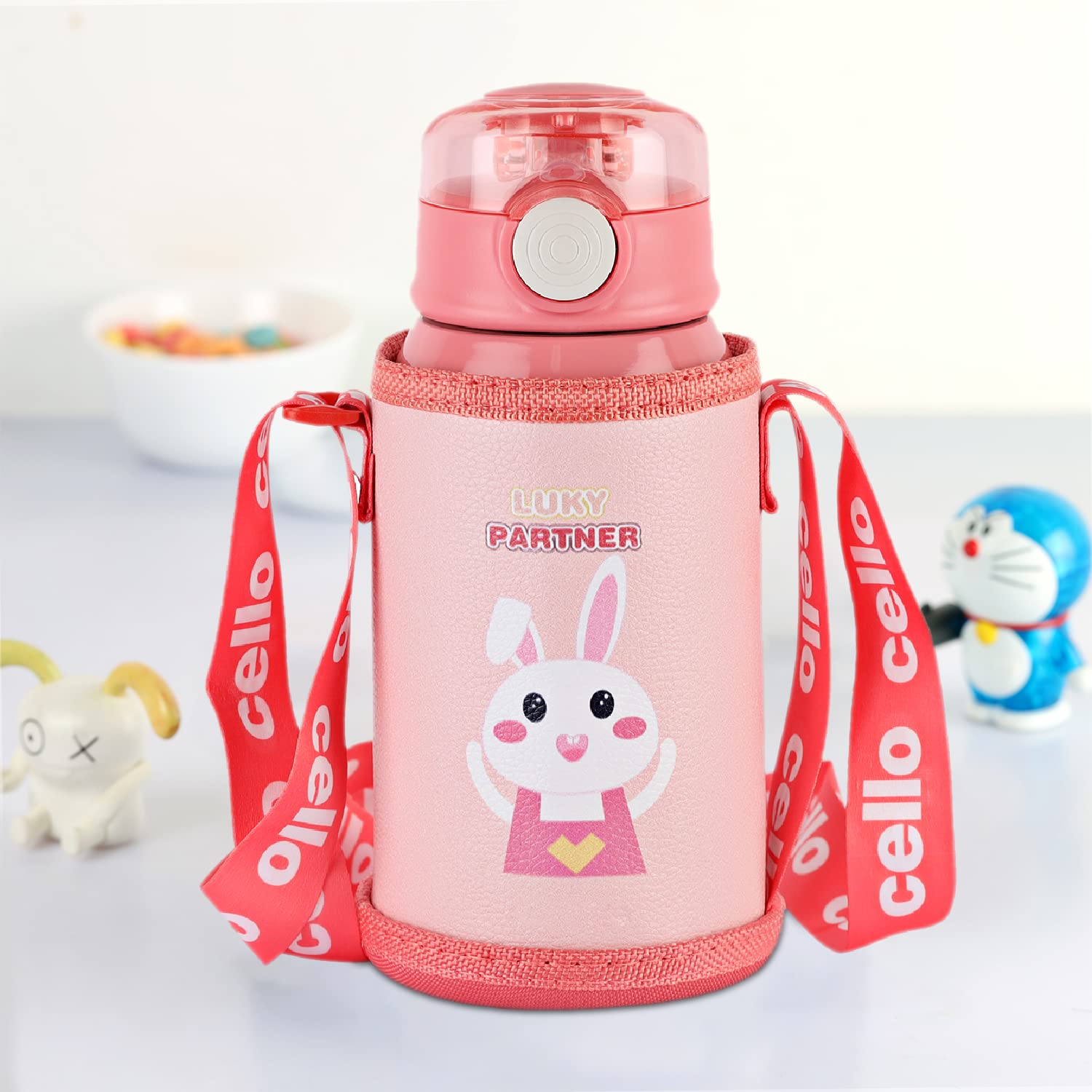 CELLO Kinder Hot & Cold Stainless Steel Kids Water Bottle | Double Wall Vaccum Insulation Flask |One Click Push Button to Open | Ideal for School, Sports, Picnics | 500ml, Pink