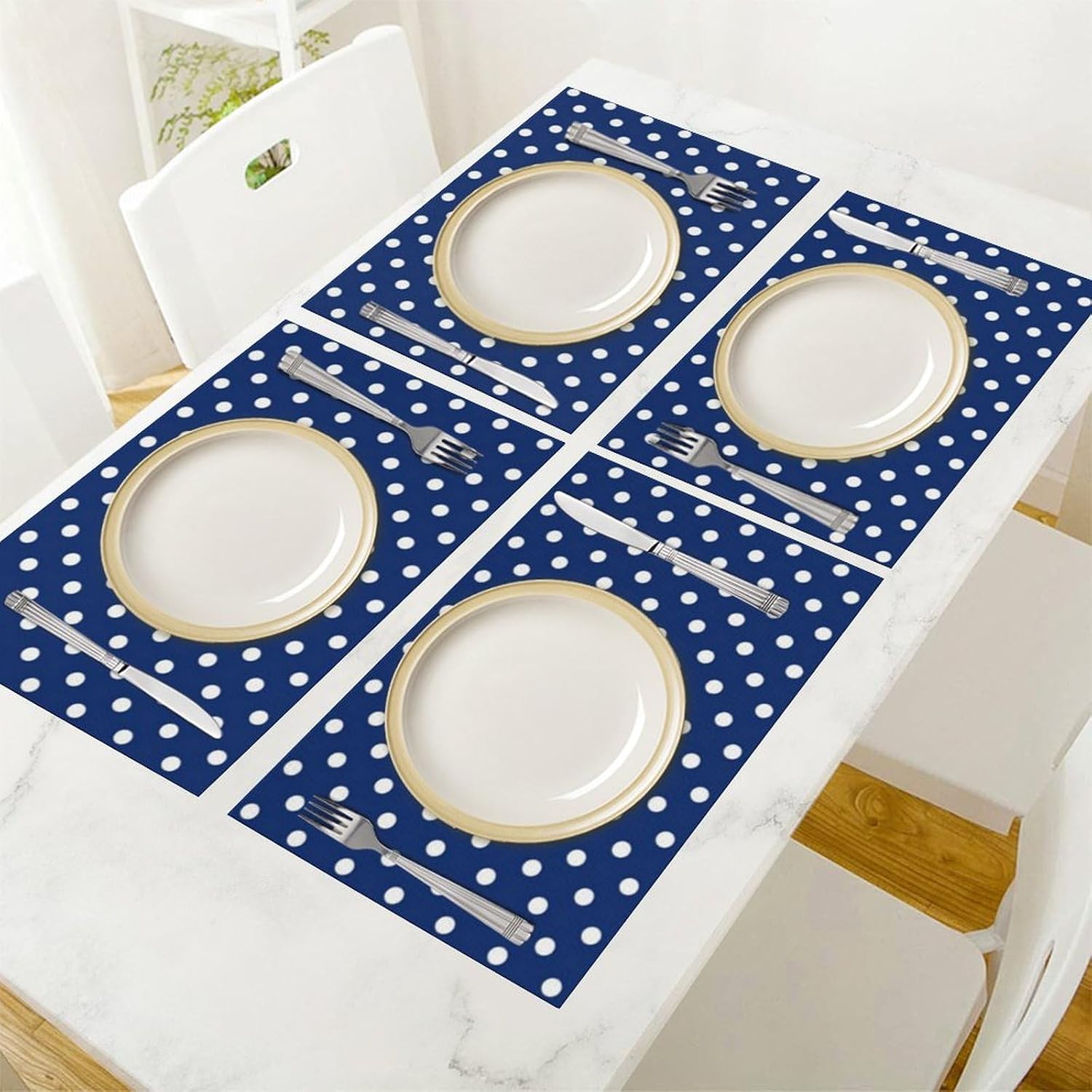 Placemats Set of 4, Navy Blue and White Polka Dot Place mats for Dining Table Heat-Resistant Washable Waterproof PVC Table Mats