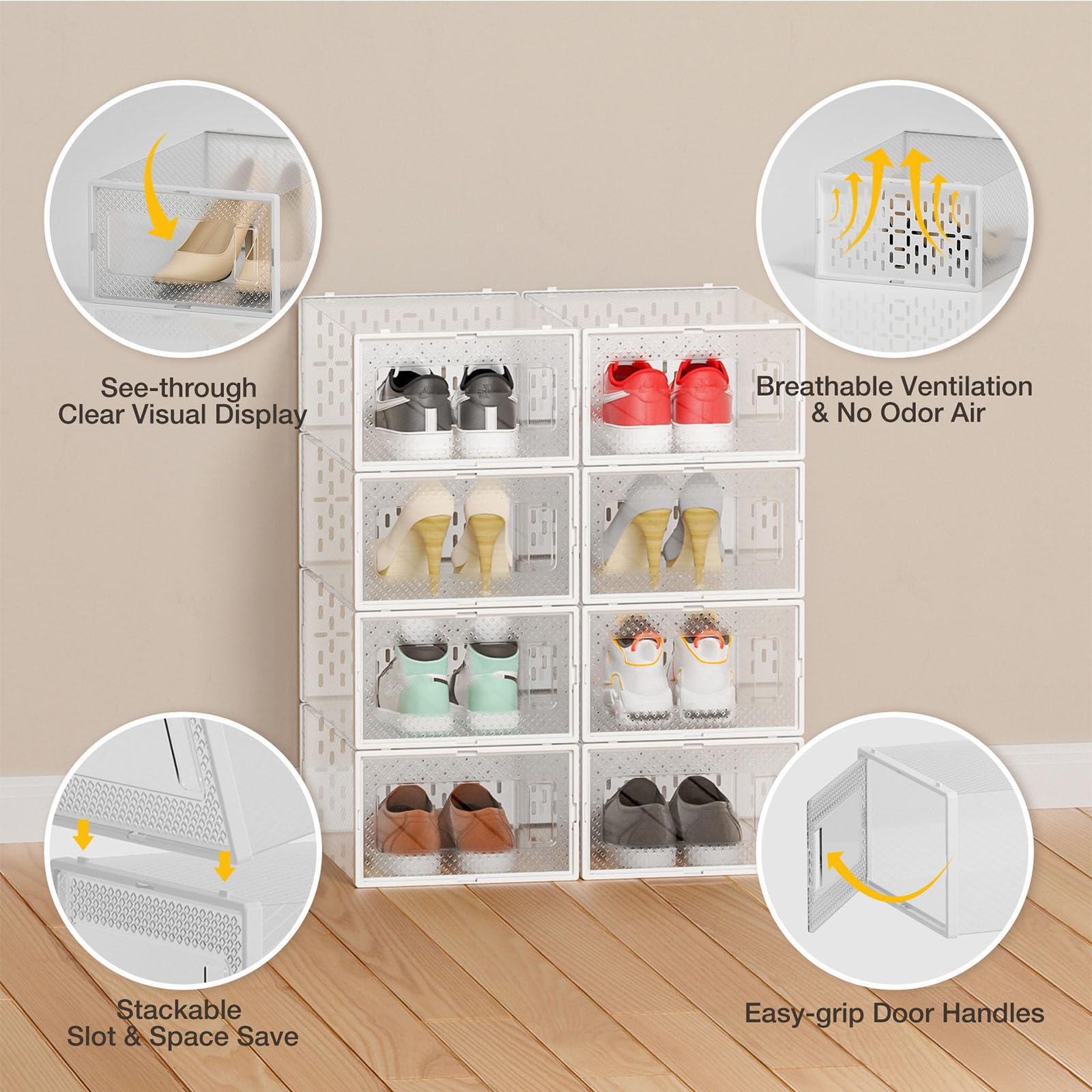 Paquete de 12 cajas de almacenamiento apilables de plástico transparente para zapatos, ahorro de espacio y plegables con puerta transparente para ventilación y almacenamiento a prueba de polvo, color