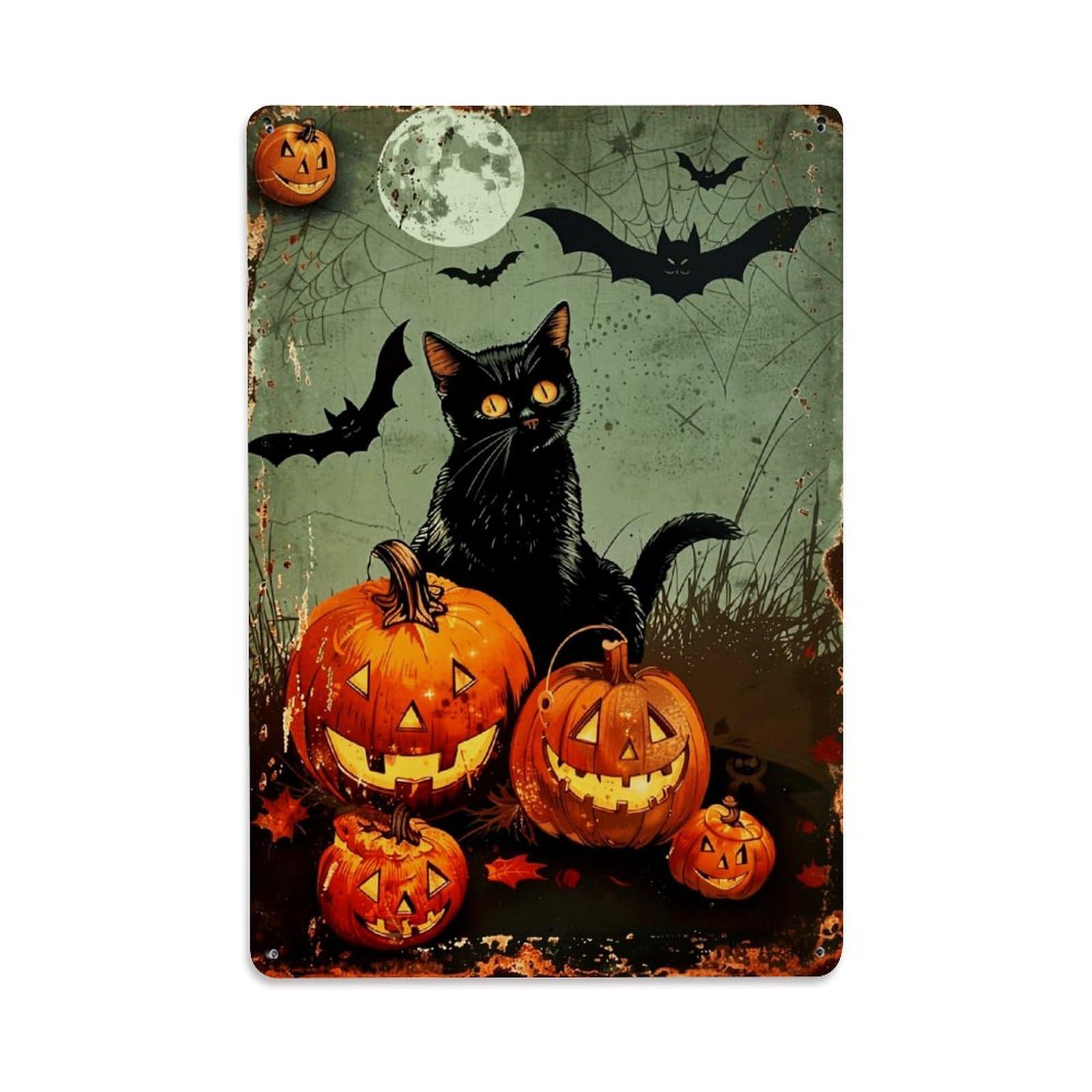 Jdyaojiesheng Vintage Halloween Cat Pumpkins Bats Moon Tin Sign Retro Metal Wall Decor Metal Poster, Home Bar Garage Farmhouse Cafe Wall Art Decoration 8X12inches