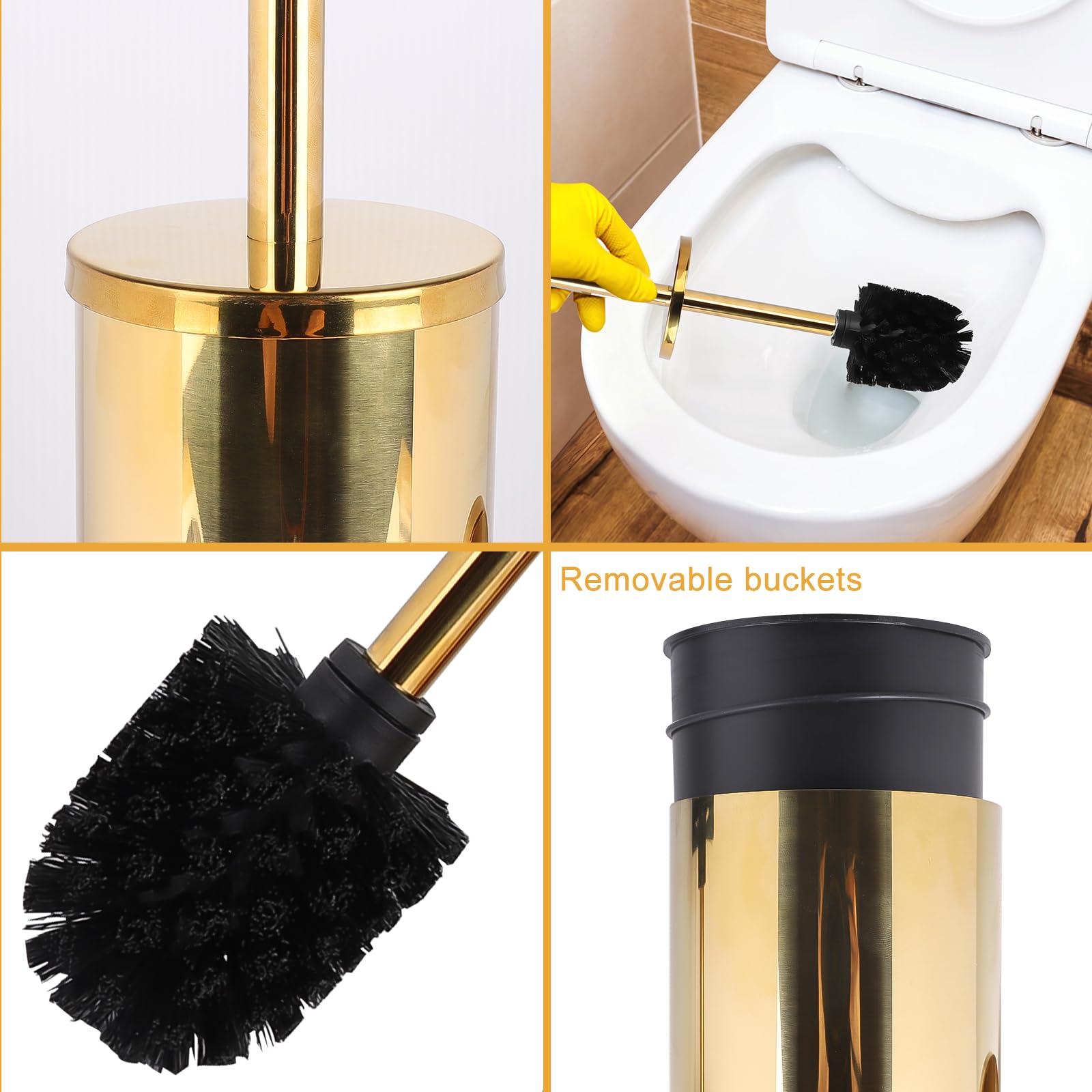EXLECO Brosse Toilettes WC Mural Gold, Suspendu Balai INOX, Toilette WC avec 1 Têtes de Brosses, Balayette WC Kit et Supports sans Perçage, Porte Brosse WC, Nettoyage Salle de Bain Accessoire