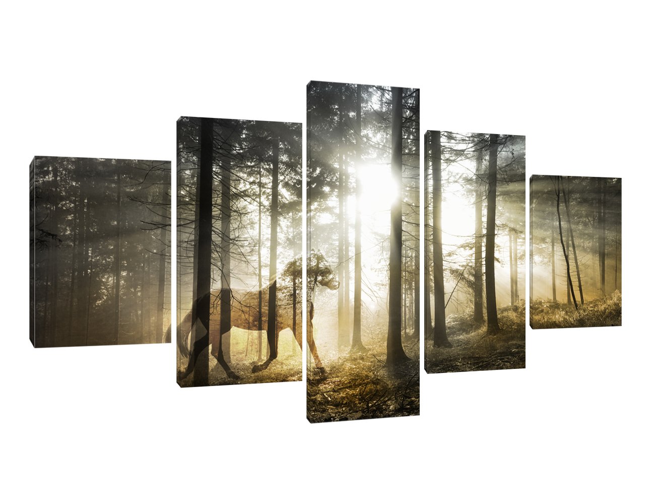 Yatsen BridgeDouble Exposure Print Artwork Wall Art Decor for Homes 5 Panel Canvas Artistic Mystical Horse Fantasy Forest Picture Painting Modern Poster Decor for Indoor Ready to Hang(60''W x 32''H)