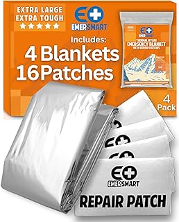 Camping Emergency Blanket for Survival with Repair Patches [4 Pack] - Emergency Mylar Thermal Blanket for Winter - Mylar S...