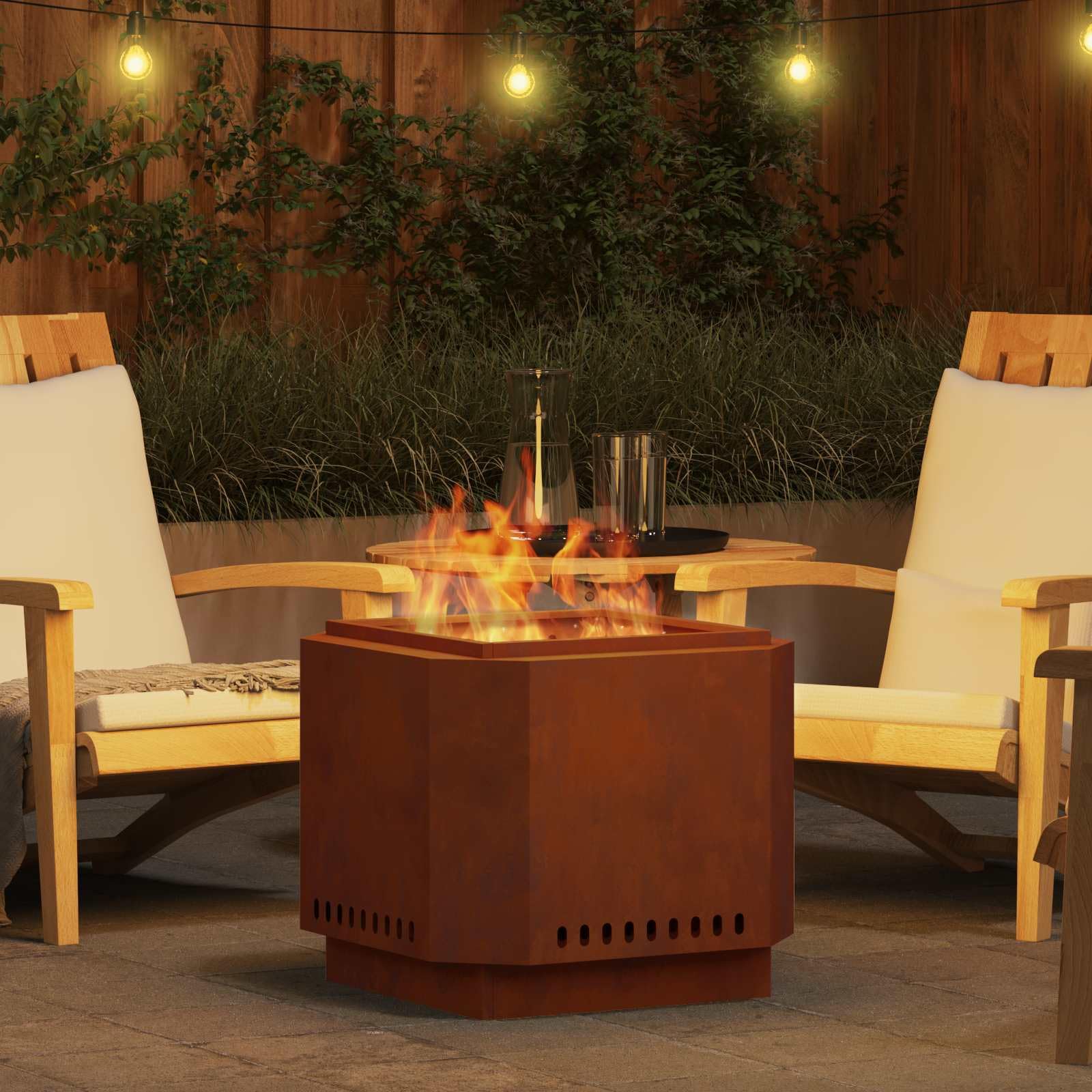 Rauchfreier Feuerkorb Braun 58 x 58 x 51 cm Wetterfester Stahl Garten Terrasse Heizgerät für Außenbereiche mit effizienter Wärmeverteilung und moderner Optik