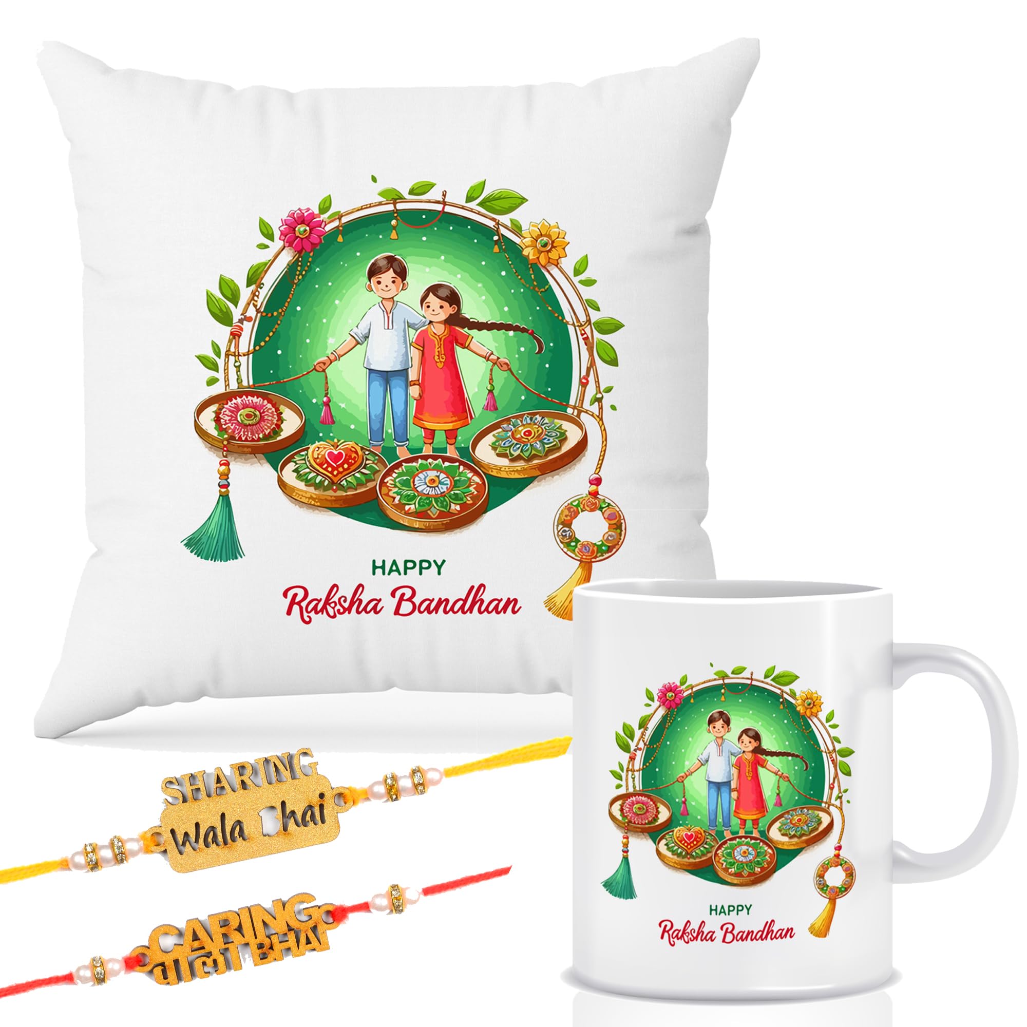 Raksha Bandhan Gift Combo – Cushion with Filler, Printed Coffee Mug & 2 Rakhi | Cute Brother Sister Cartoon Design | Rakhi Gift Set for Brother, RKCMUG-11