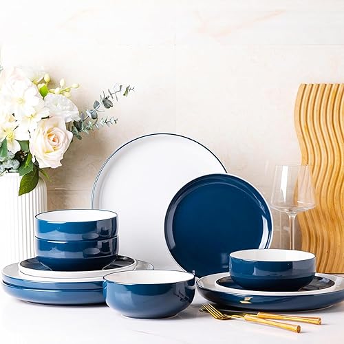 Miniatura 1 de GBHOME Juego de vajilla de cerámica, juego de platos y cuencos esmaltados de doble color, altamente resistente a las astillas y grietas, apto para