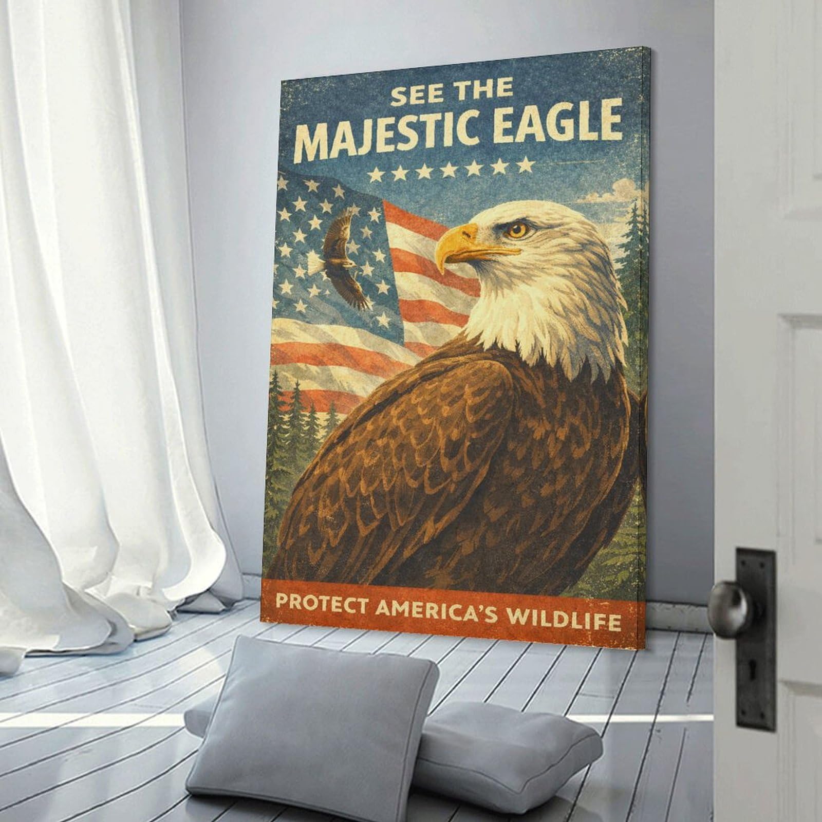 Junmoney Majestic Eagle And American Flag Decorative Wall Artwork 20x30inch(50x75cm), for Home Lounge, Bedroom Or Reading Nook, Modern Wall Decor for Cosy Interiors