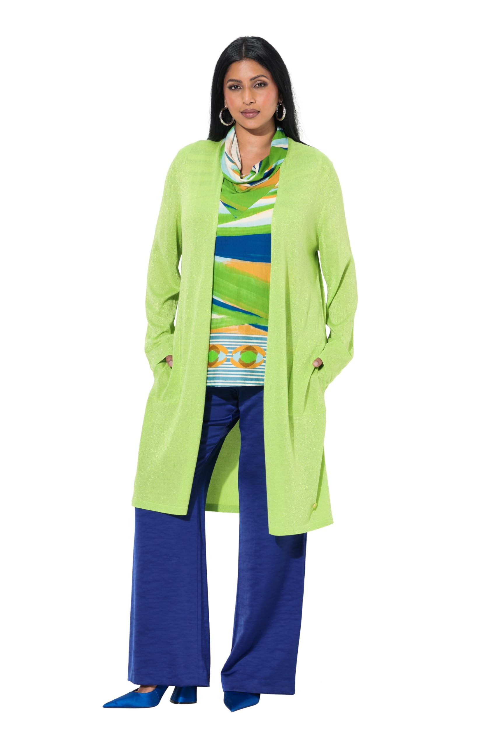 Ulla Popken Damen große Größen Übergrößen Plus Size Long-Strickjacke, offene Form, V-Ausschnitt, Stehkragen 831055